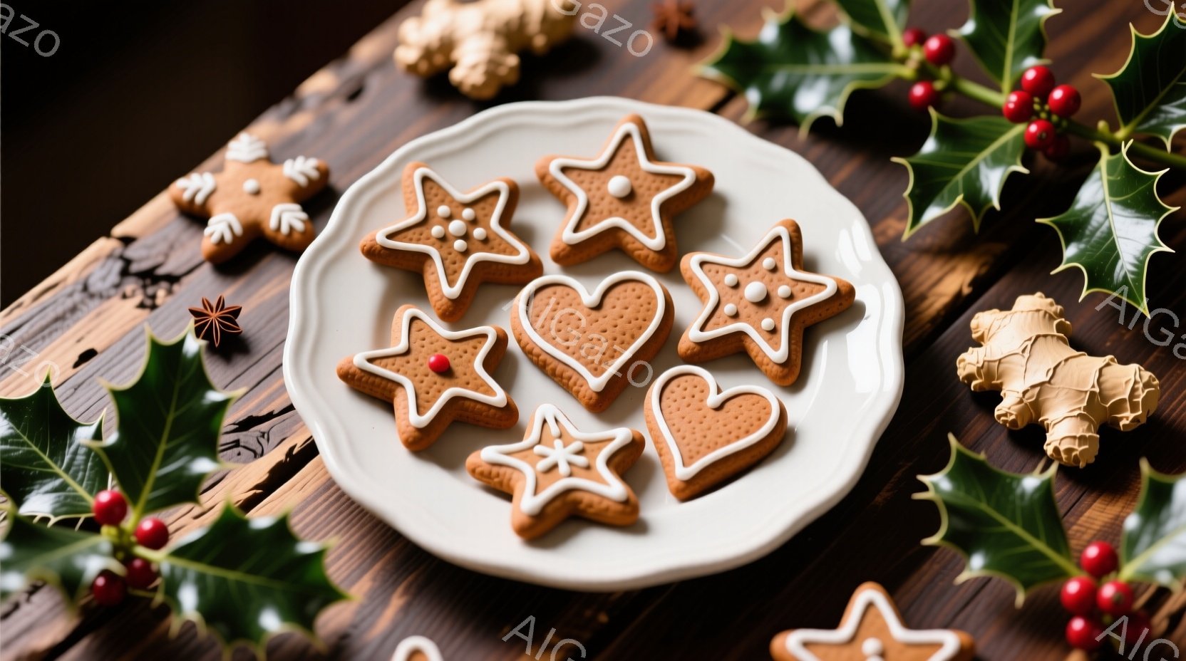 白い皿の上に、星型やハート型のジンジャーブレッドクッキーが並べられています。背景は木製の板で、ホリデーシーズンの装飾であるヒイラギとオレンジ色のスパイスが散りばめられており、暖かく居心地の良い雰囲気を醸し出しています。全体的に、クリスマスの焼き菓子や冬の季節感を表現した静物画です。