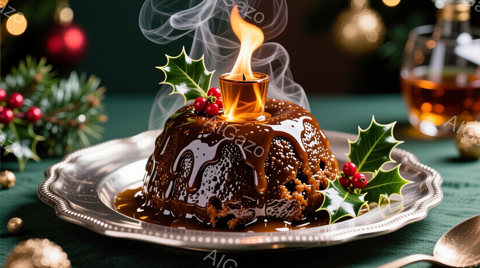 鮮やかな緑色のテーブルクロスの上に、焼き色が濃いクリスマスプディングが銀色の皿に乗せられています。プディングの上には点火されたブランデーで、炎と湯気が立ち上り、周りには赤い実のついた葉が飾り付けられています。背景にはぼやけたクリスマスオーナメントやグラスが見え、全体的に暖かく、お祝いの雰囲気です。