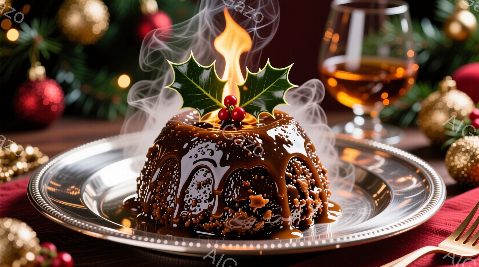 クリスマスプディングが銀色の皿に乗っており、表面にはキャラメルソースがかかり、ホーリーと赤い実で飾られています。プディングからは湯気が立ち上り、背景には赤いテーブルクロスと金色のオーナメント、そして琥珀色の液体が入ったグラスが見えます。暖かく、祝祭的な雰囲気を醸し出しており、冬のクリスマスシーズンの食卓を連想させます。