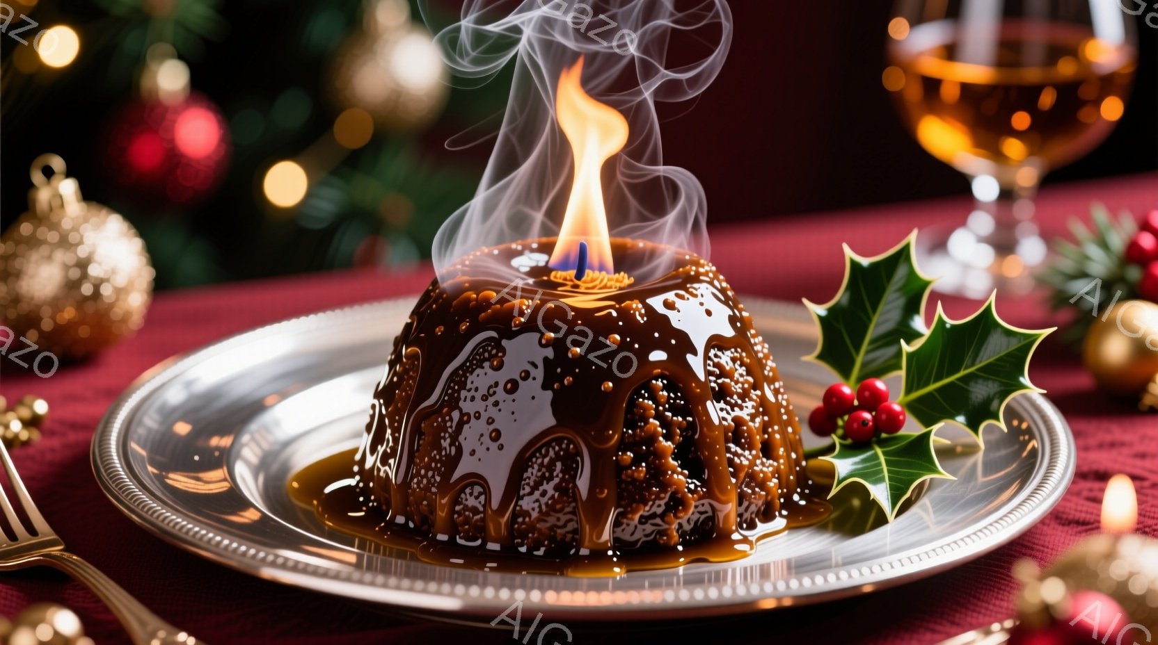 クリスマスプディングが銀色の皿に載り、燃え盛るブランデーに照らされています。背景には、ぼやけたクリスマスツリーの装飾と金色のオーナメントが見え、赤い実の付いたホーリーがプディングの隣に飾られています。温かく、お祝いの雰囲気で、冬のホリデーシーズンの豪華な食事を示唆しています。