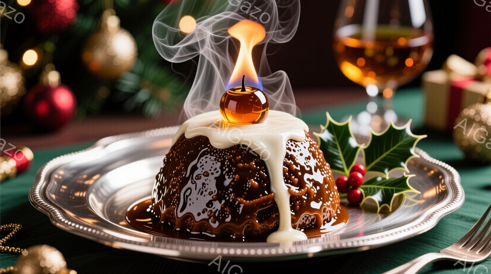 クリスマスプディングが、装飾的な銀色の皿に盛られ、表面には艶やかなホワイトソースとダークなソースがかけられています。プディングの上には火を灯したブランデーに浸したレーズンが突き刺され、立ち上る蒸気が暖かく幸福な雰囲気を醸し出しています。背景には緑色の布、ホーリーの葉、そしてぼやけたクリスマスツリーの装飾が見え、お祝いの季節を象徴する一枚です。