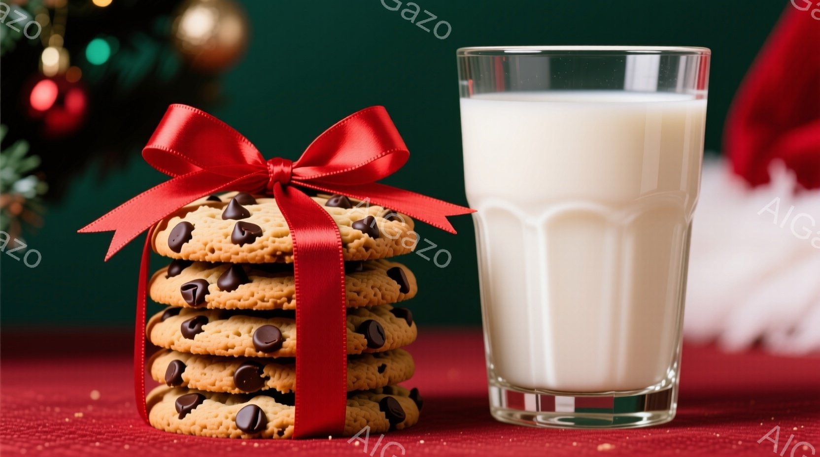 クッキーが赤いリボンで結ばれて積み重ねられ、白いグラスに入ったミルクの隣に置かれています。背景には、緑色のクリスマスツリーと赤いテーブルクロスが見え、クリスマスの温かい雰囲気を醸し出しています。全体的に、ホリデーシーズンの心地よいひとときを表現した静物画です。