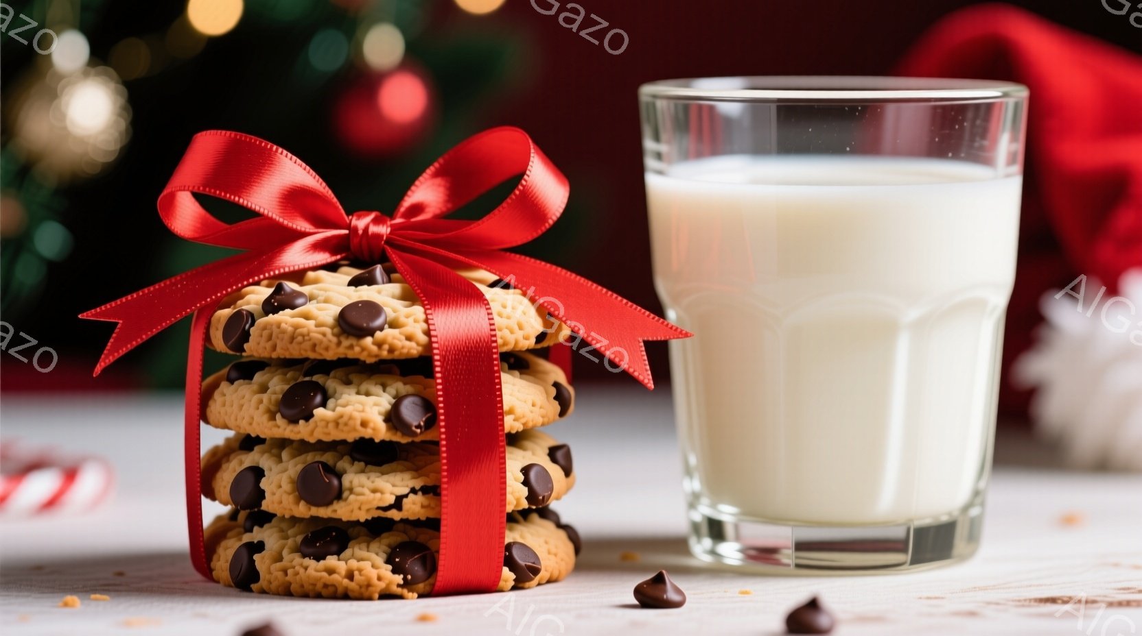 鮮やかな赤いテーブルクロスの上に、雪だるまとクリスマスツリーを模した可愛らしいお菓子が並べられた透明なケーキスタンドが置かれています。雪だるまにはシルクハットとボタンが飾られ、ツリーは緑色のアイシングで覆われ、星の飾りが輝いています。背景にはぼやけたクリスマスオーナメントが見え、全体的に温かく、お祝いムードに満ちた雰囲気が漂っています。