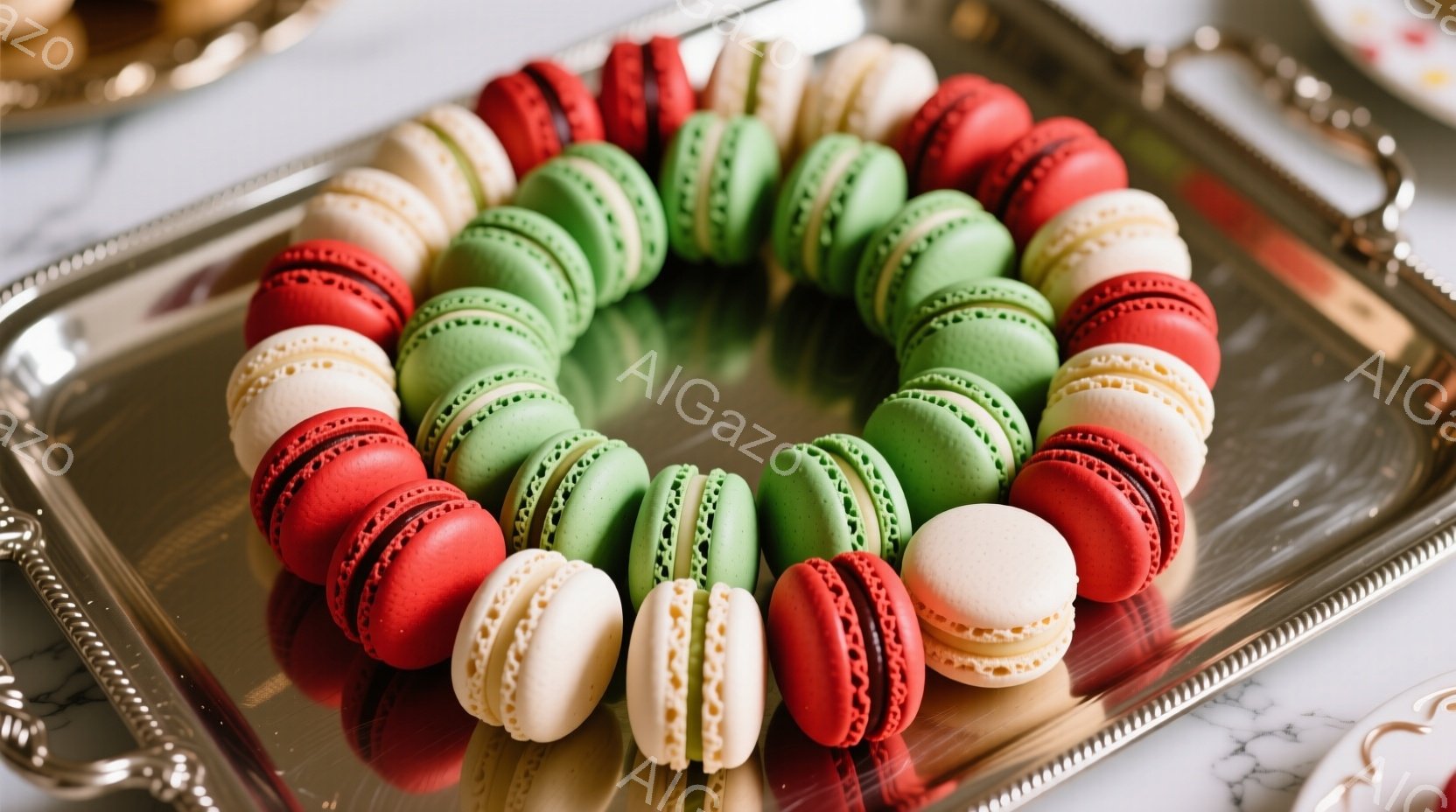 鮮やかな赤、緑、白のマカロンが、銀色の縁取りのある長方形のトレイに円形に並べられています。マカロンは滑らかで光沢があり、上品な印象を与え、背景には大理石のような模様がわずかに見えます。全体的に、洗練されたお菓子作りの雰囲気で、特別な機会のためのデザートとして提示されています。