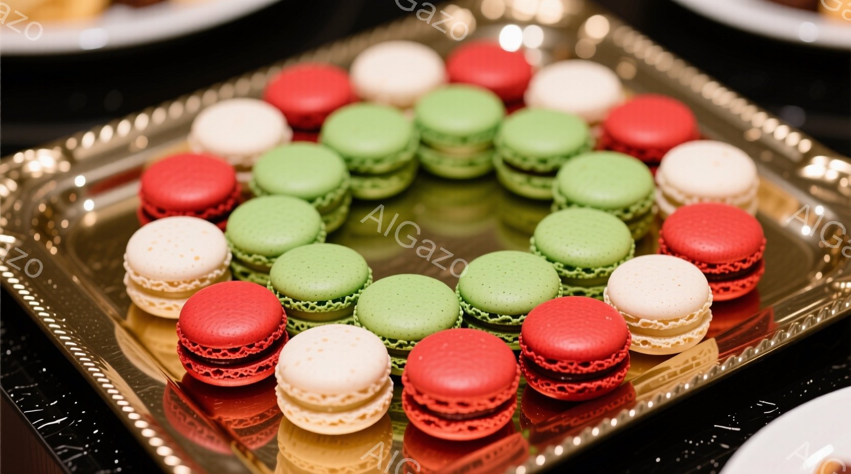 鮮やかな赤、緑、白のマカロンが、鏡面仕上げの銀色のトレイに円形に並べられています。マカロンの表面には細かいシワがあり、手作り感と美味しさを引き立てています。背景は暗く、マカロンの色が際立っており、高級感のあるお菓子のディスプレイとなっています。