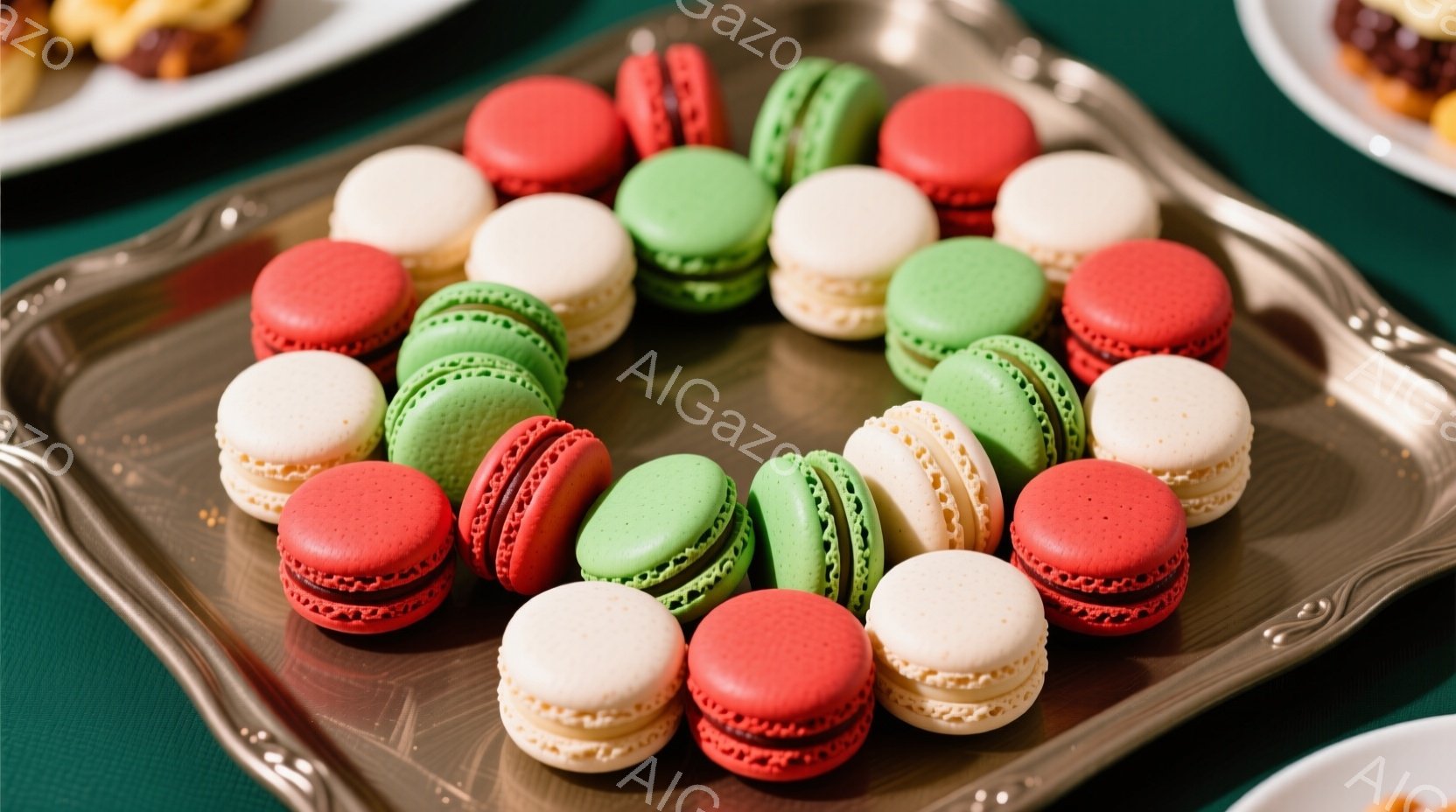 鮮やかな赤、緑、クリーム色のマカロンが、装飾的な銀色の皿に並べられています。背景は深い緑色の布で、他の料理の端が見えます。全体的に、お祝いの雰囲気や特別な機会のためのデザートの盛り合わせを表現しています。