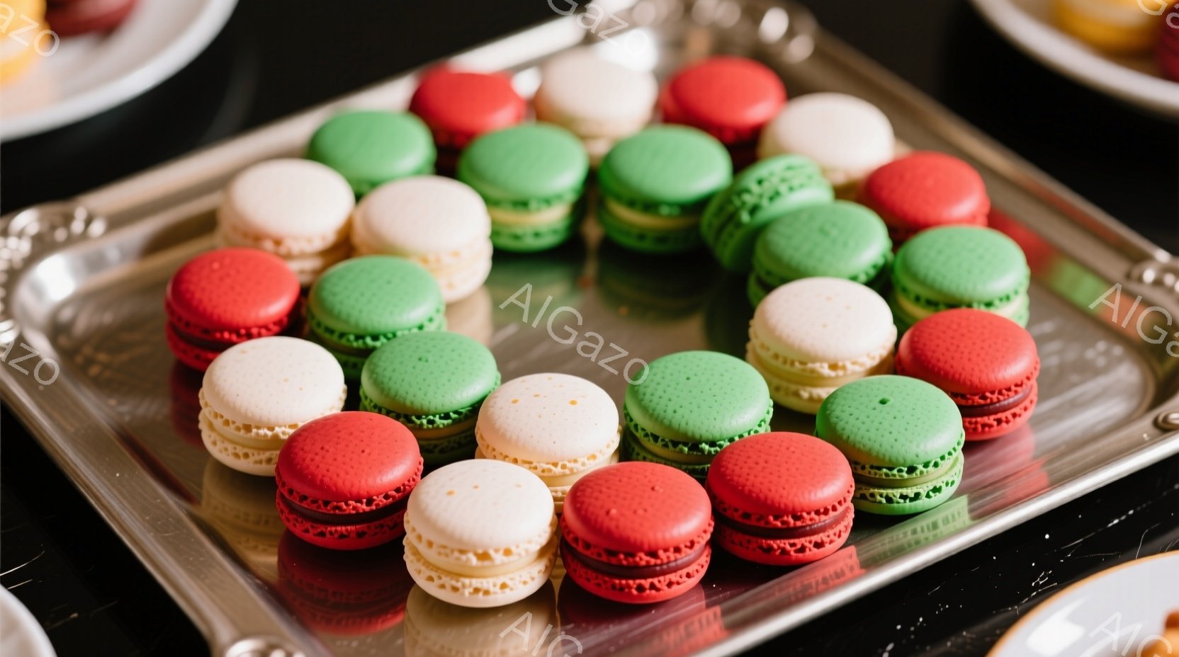 鮮やかな赤、緑、クリーム色のマカロンが、銀色のトレーの上に整然と並べられています。マカロンはそれぞれ繊細なクリームが挟まっており、光沢があり美味しそうです。背景は黒い大理石のような素材で、上品で洗練された雰囲気を醸し出しています。