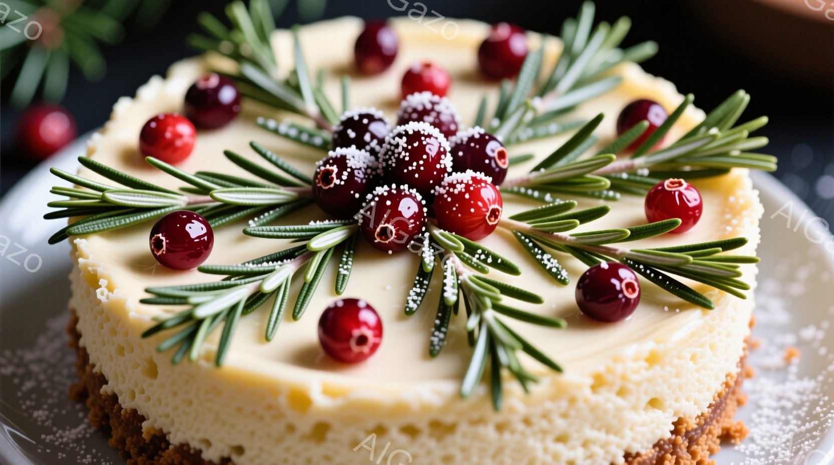 白いフロスティングで覆われたチーズケーキが、赤い実と緑の葉で飾られています。ケーキの底はクラッカーのような生地でできており、全体的に冬のホリデーシーズンを連想させる、上品で温かい雰囲気です。雪が軽く降り積もっているような白い粉が、ケーキの周りに散らばっています。