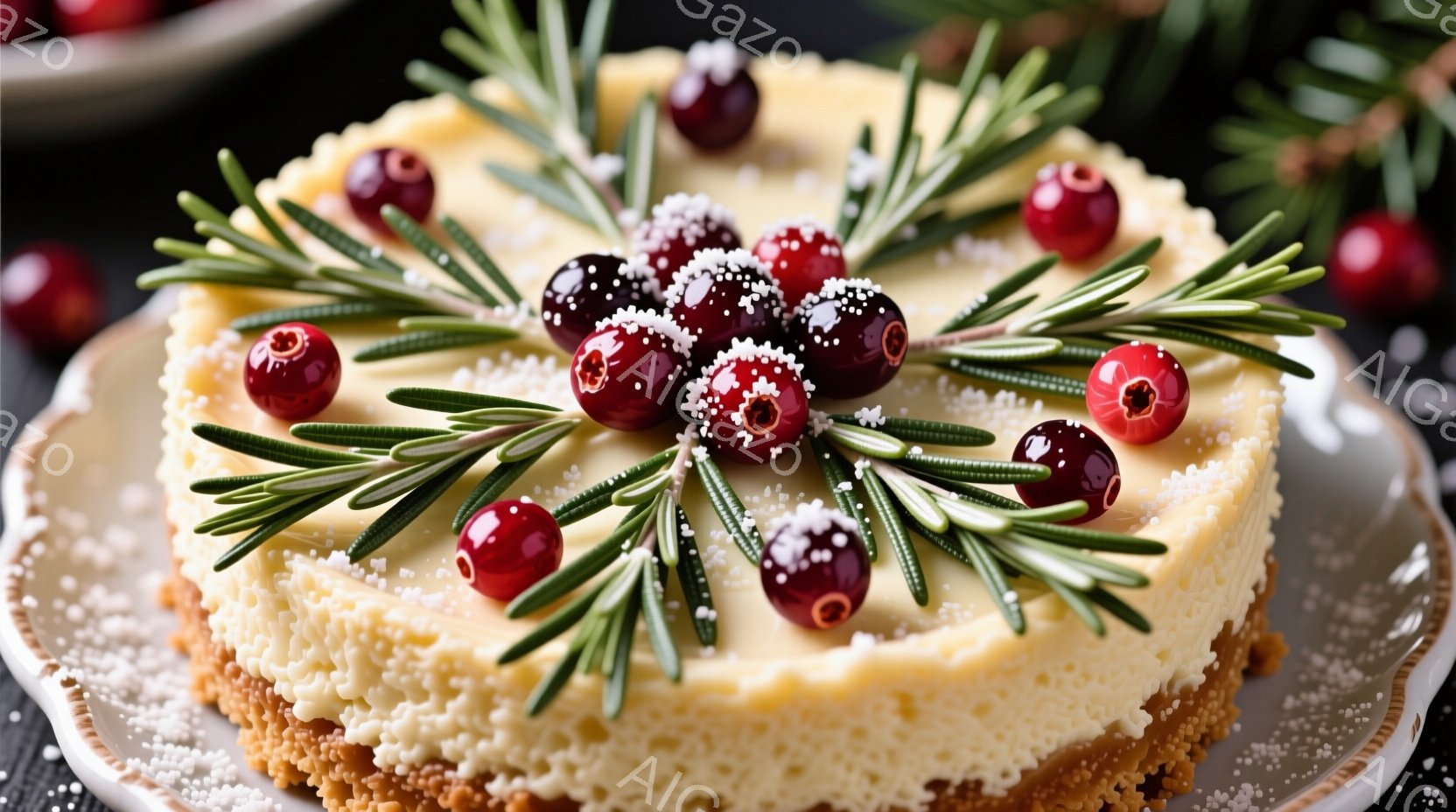 鮮やかな赤い実と緑のハーブで飾られた、美しいチーズケーキが中央に配置されています。ケーキは、茶色いクランブル状の土台の上に、滑らかでクリーミーな黄色のフィリングが乗っており、全体的に上品で洗練された印象を与えます。背景は暗く、ケーキが際立っており、冬のホリデーシーズンを連想させる落ち着いた雰囲気を醸し出しています。