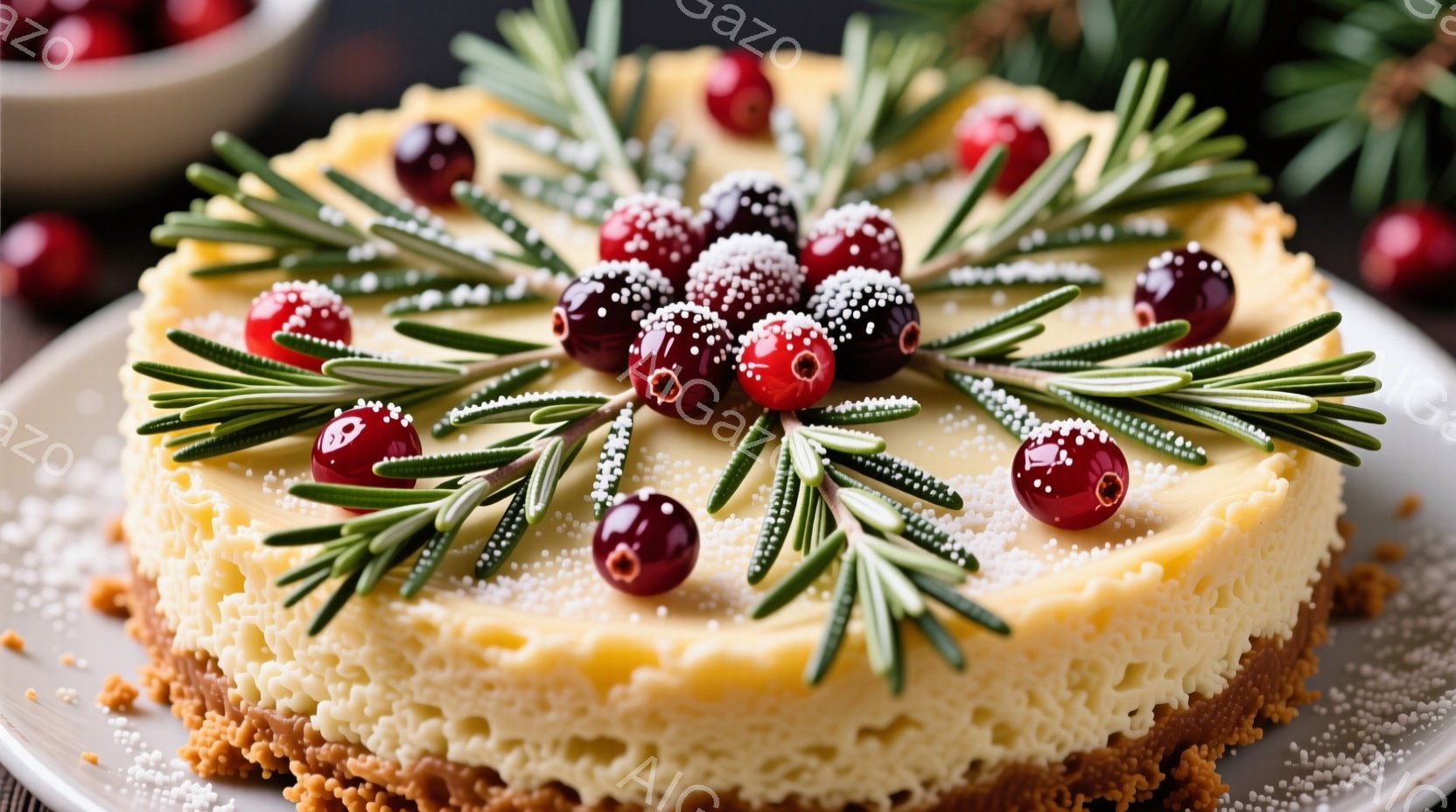 白いクリームチーズケーキが、赤い実と緑の葉で飾られています。ケーキの縁はビスケットのような生地でできており、粉砂糖が軽く振りかけられています。背景はぼやけており、ケーキが中心となって美しい色合いが際立っています。