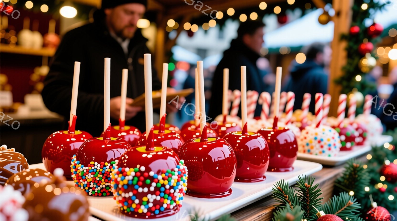 赤いりんご飴が並べられた屋台の写真です。飴はカラフルなスプリンクルやキャンディストライプで飾られ、クリスマスの雰囲気を高めています。背景にはぼやけた人物と、クリスマスツリーの緑、そして光の装飾が見え、お祭りの賑やかな様子が伺えます。