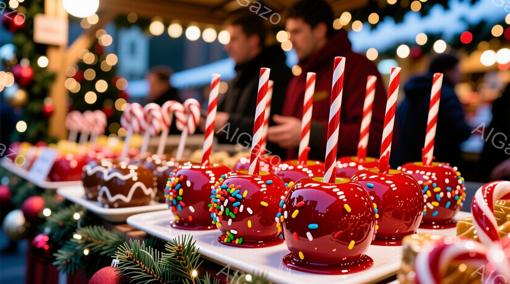 鮮やかな赤いりんご飴が、カラフルなスプリンクルやチョコレートで飾られ、白いストライプの棒付きで並べられています。背景には緑色の葉とぼんやりとした人影が見え、クリスマスのイルミネーションがぼんやりと光り、お祭りやイベントの賑やかな雰囲気を醸し出しています。全体的に、甘くて楽しいホリデーシーズンを象徴する、魅力的な光景です。