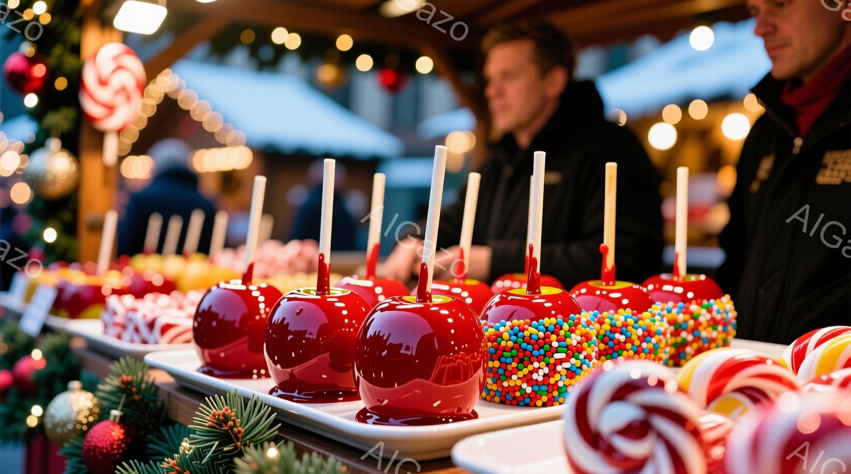 カラメルやカラフルなスプリンクルでコーティングされたリンゴが、クリスマスの飾りと共に並べられています。背景には、ぼやけた人物と、イルミネーションが輝くクリスマスマーケットの風景が見え、冬の暖かく華やかな雰囲気を醸し出しています。手前に飾られたキャンディケーンが、祭りの楽しさをさらに強調しています。
