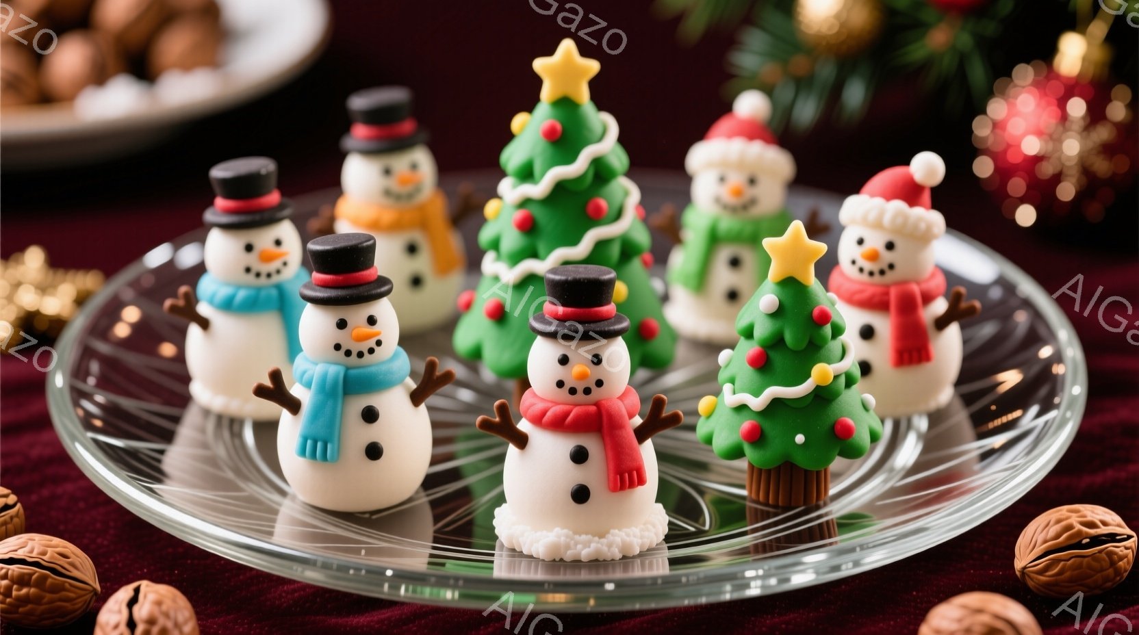 クリスマスをテーマにした小さな人形たちが、透明なガラス皿の上に並べられています。雪だるまやクリスマスツリーの形をしており、それぞれ色とりどりのスカーフや帽子を身につけています。背景は深紅色の布で、ナッツが添えられており、お祝いムードを盛り上げています。