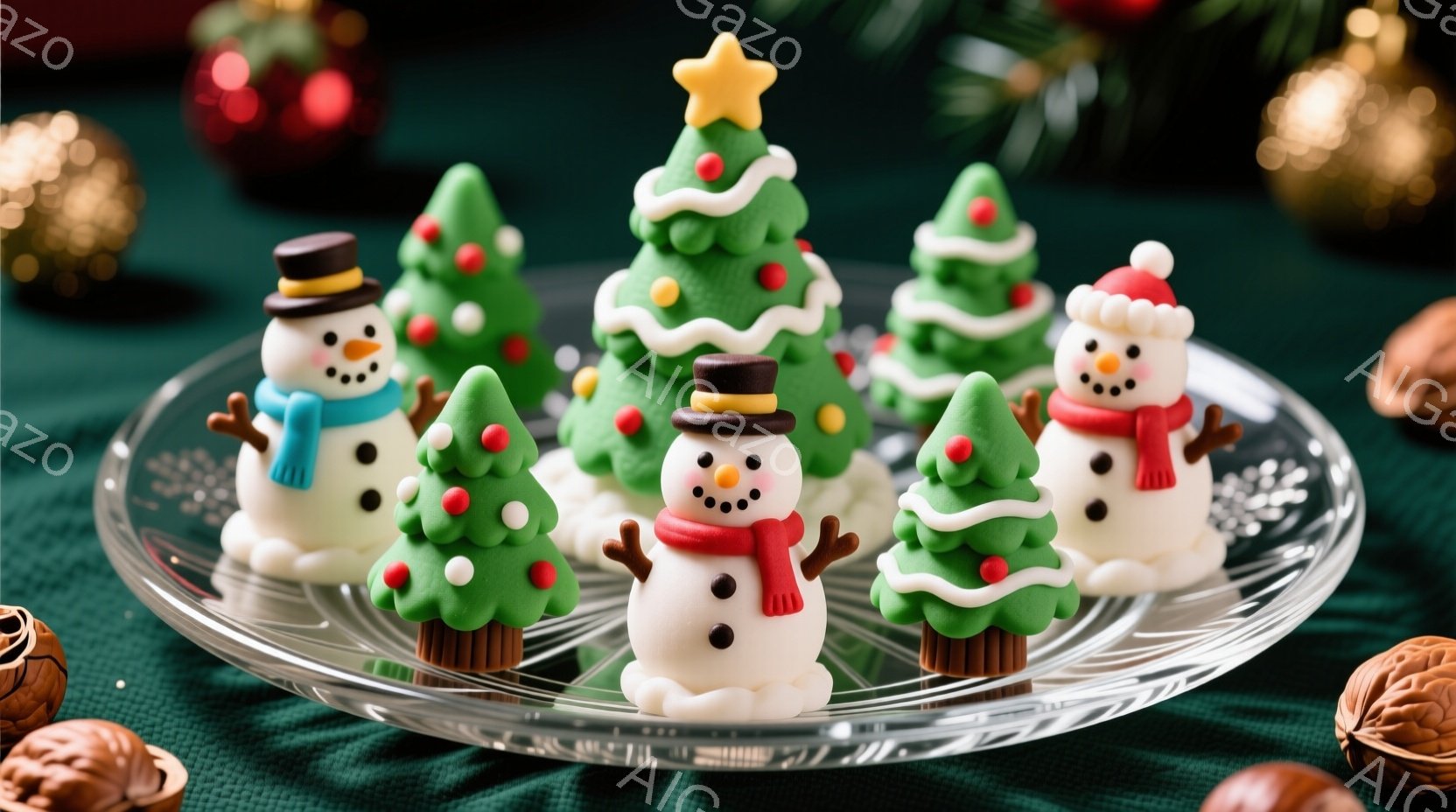 透明な皿の上に、雪だるまとクリスマスツリーの可愛らしいお菓子が並べられています。雪だるまは黒い帽子と赤いマフラーを身に着け、笑顔で両手を広げています。背景は濃い緑色で、クリスマスのオーナメントやクルミ - AI生成フリー素材