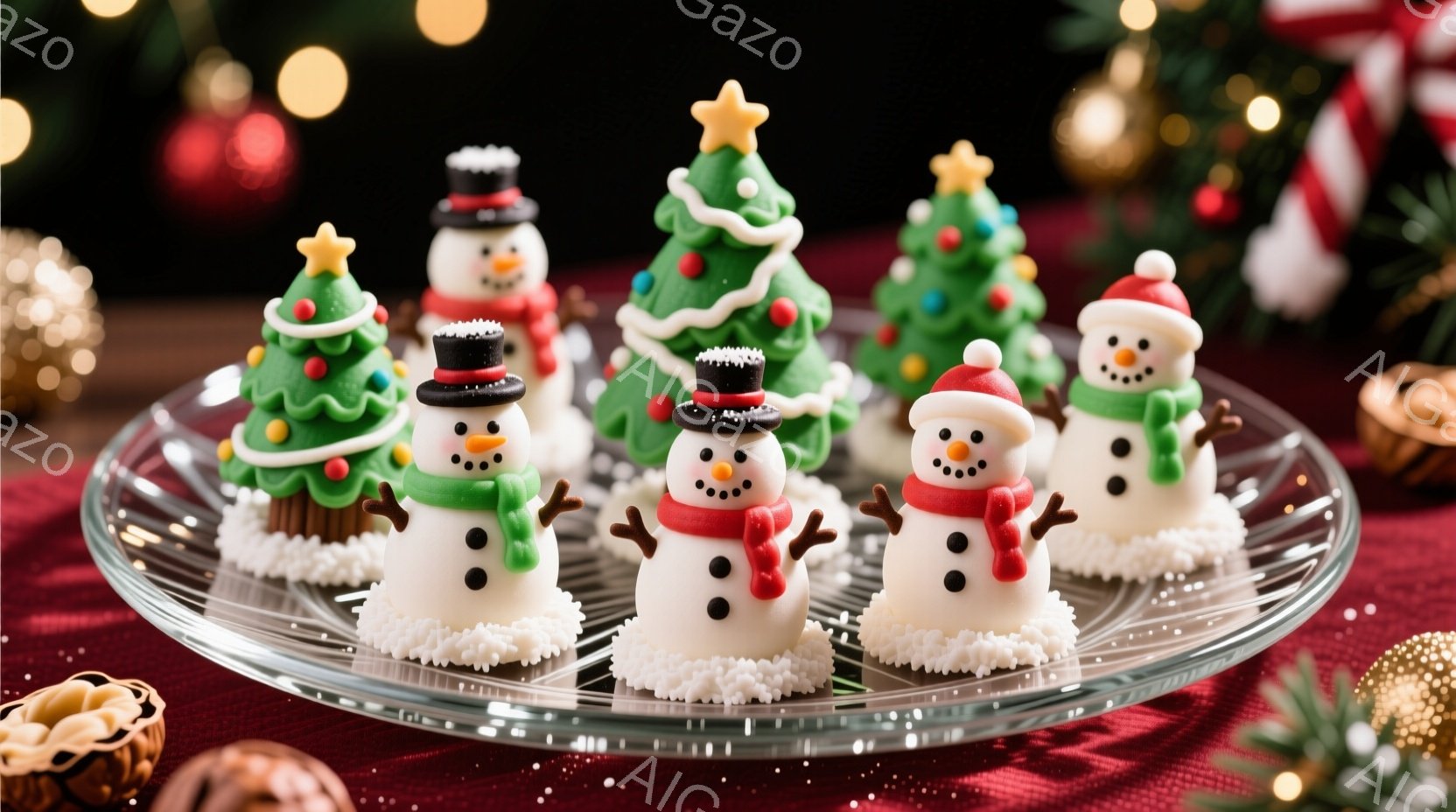 赤いテーブルクロスの上に置かれた透明な皿に、クリスマスツリーと雪だるまを模した可愛らしいカップケーキが並んでいます。緑色のアイシングで飾られたツリーの形をしたカップケーキと、黒い帽子とオレンジ色の鼻を - AI生成フリー素材