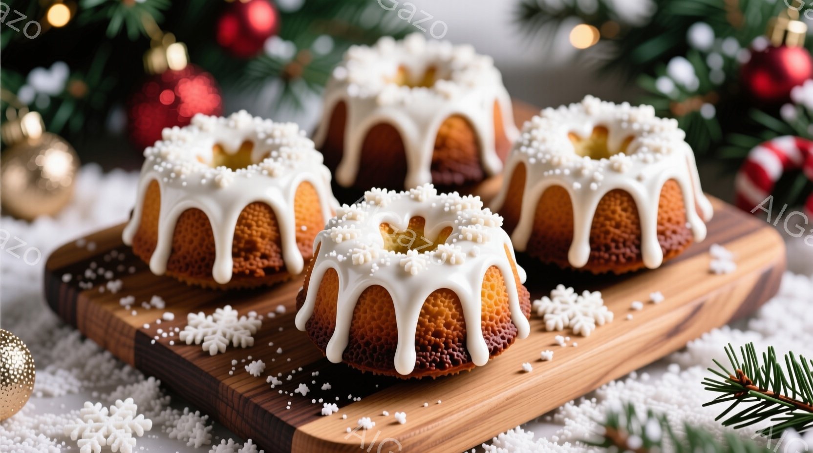 焼き菓子が木製のプレートに並べられています。アイシングがたっぷりとかけられ、小さな白い粒状の装飾が散りばめられており、クリスマスの飾りや雪の結晶が背景にあり、冬の暖かくお祝いの雰囲気を醸し出しています。全体的に、温かみのある光が差し込み、ホリデーシーズンにぴったりの、美味しそうな光景です。