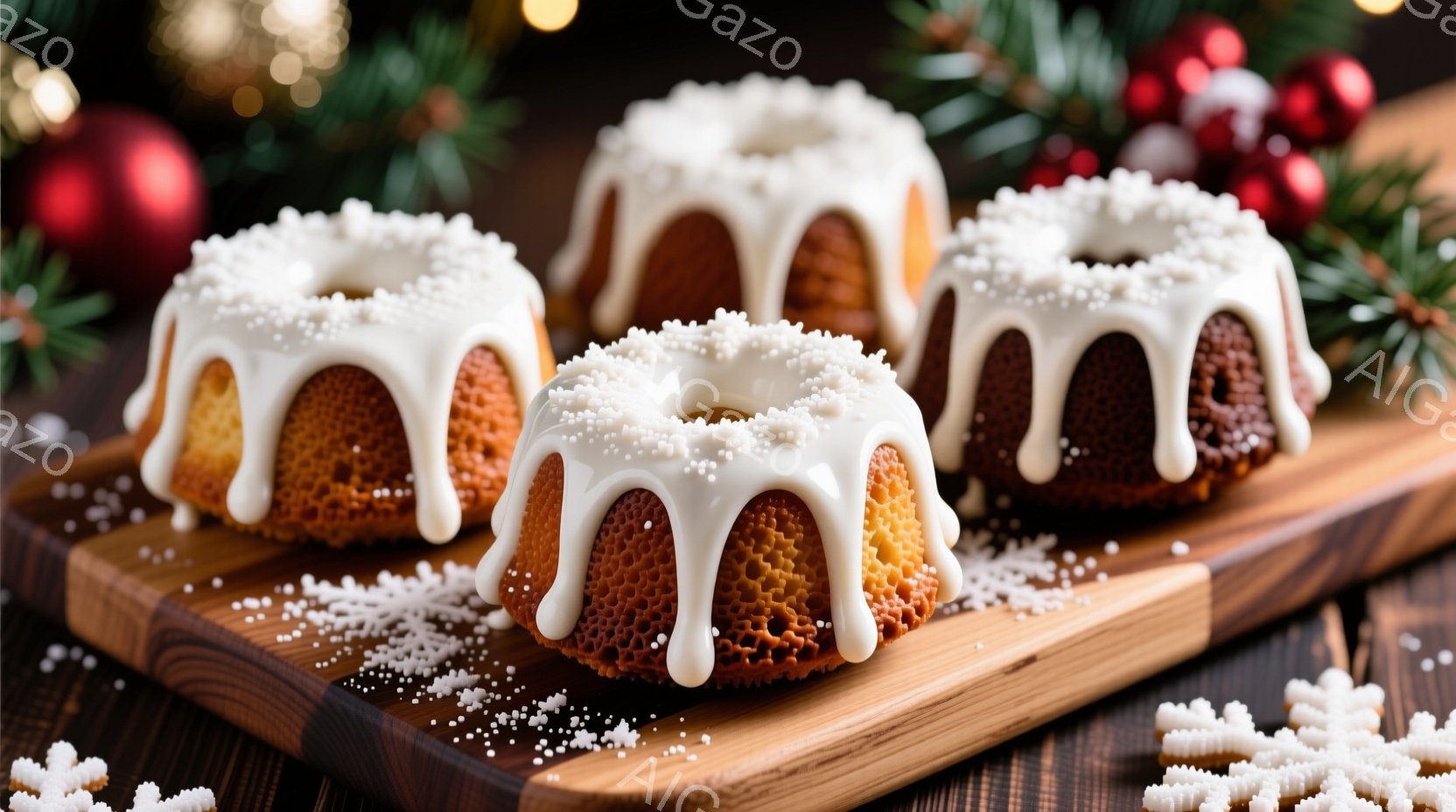 木製の板の上に並べられた、アイシングとスプリンクルで飾られた小さな焼き菓子が写っています。焼き菓子は茶色と白のマーブル模様で、クリスマスのような温かく、お祝いの雰囲気を醸し出しています。背景にはぼやけ - AI生成フリー素材