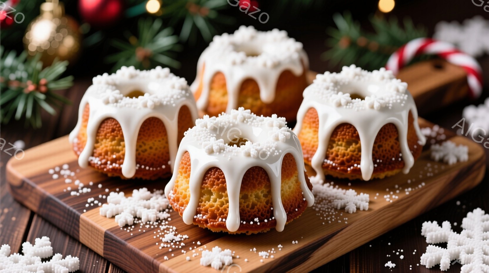 白いアイシングと砂糖菓子で飾られたミニサイズのケーキが木製のボードに乗せられています。背景にはクリスマスの飾り付け、特にモミの枝とキャンディケーンが見え、冬の季節感を演出しています。全体的に暖かく、お祝いの雰囲気が漂う、食欲をそそる写真です。