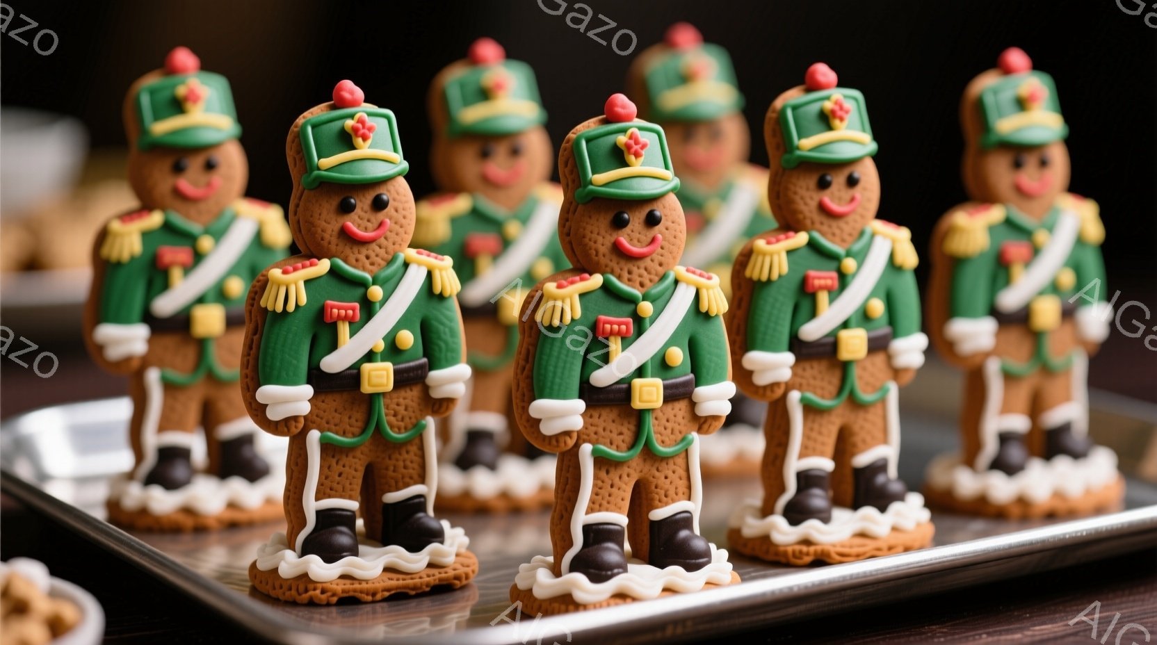 ジンジャーブレッドで作られた兵士のクッキーが、金属製のトレイの上に整列して並んでいます。緑色の軍服と黒いブーツを身につけ、白いアイシングで装飾された縁が特徴です。背景は暗く、クッキーが際立っており、お祭りや冬の季節を想起させる雰囲気です。