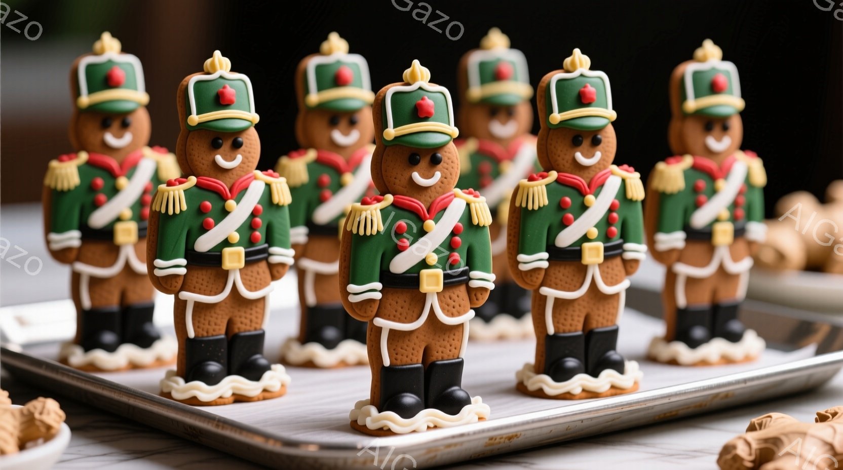 ジンジャーブレッドクッキーで作られた兵士の列が、銀色の天板の上に整然と並んでいます。緑色の制服、金色の縁取り、白い装飾が施された襟とズボン、そして黒いブーツを履いています。背景はぼやけていますが、他のクッキーの一部が見え、全体的に暖かく、お祝いの雰囲気を醸し出しています。