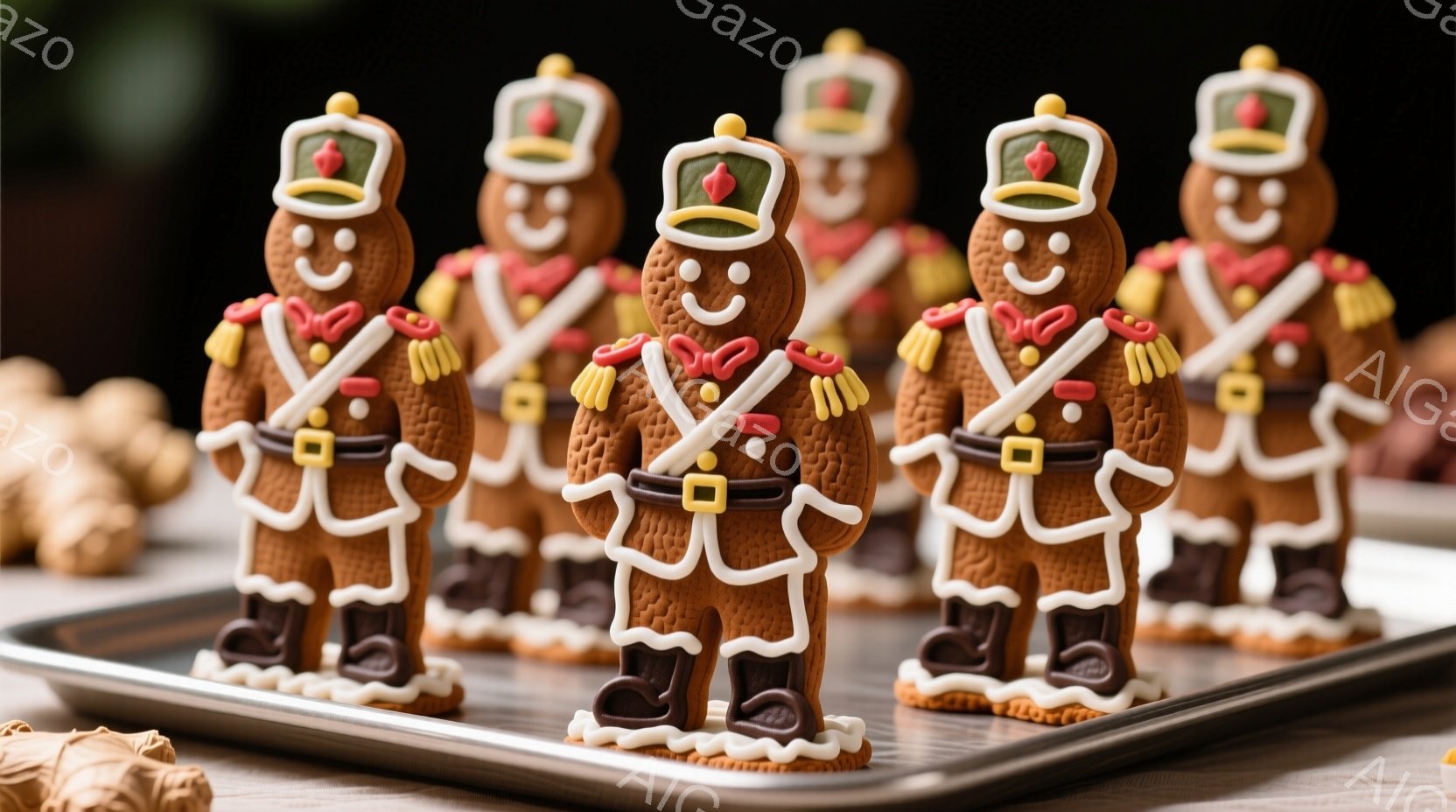 板状のトレイの上に整列したジンジャーブレッドマンの兵士たちが写っています。彼らはそれぞれ、白い縁取りのある茶色の制服、赤い襟、肩章、そして白いベルトと剣を身に着けています。背景にはぼやけた茶色の物体があり、全体的に暖かく、お祭り気分を漂わせる雰囲気です。