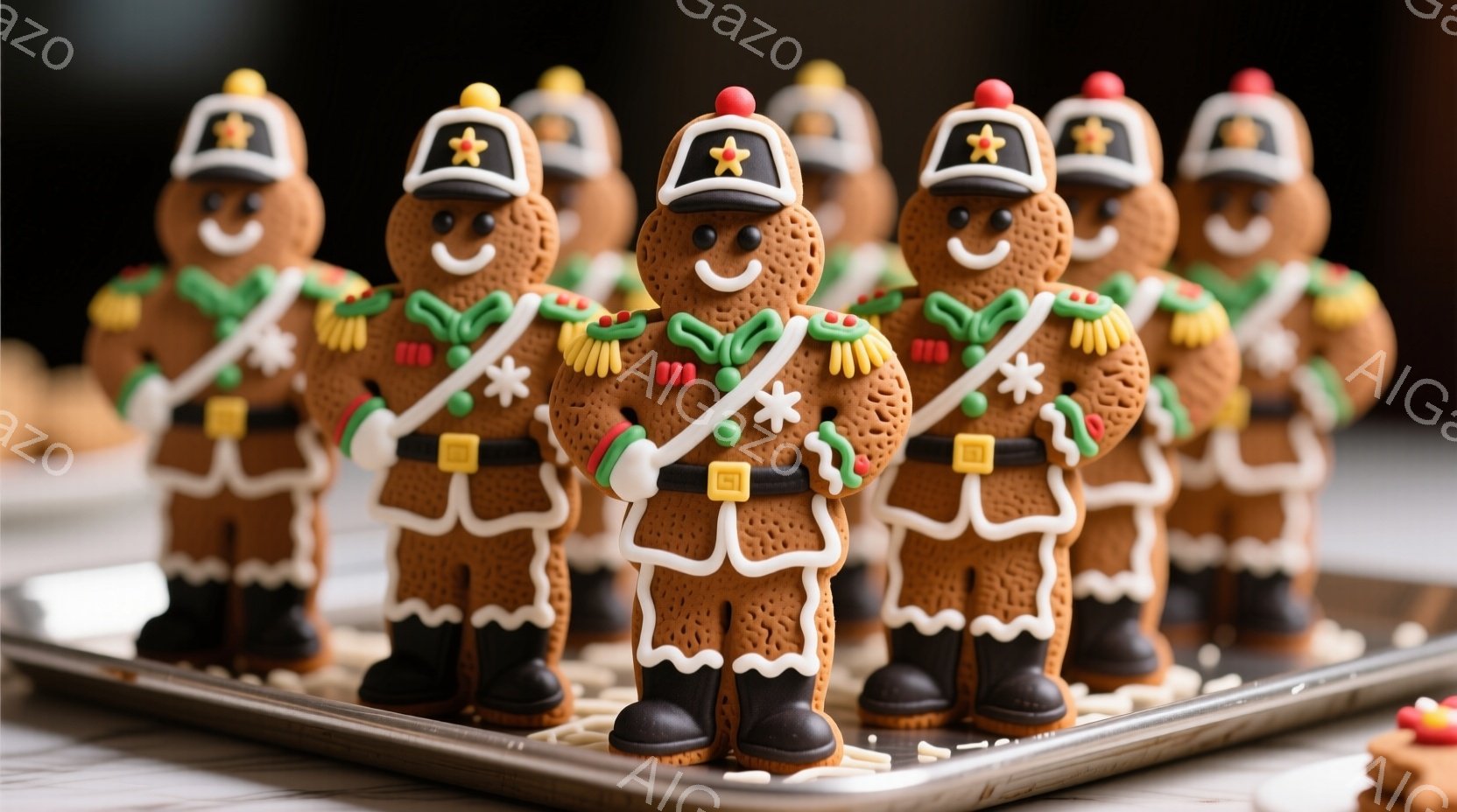 ジンジャーブレッドマンの兵士たちが、銀色のトレイの上に整然と並んでいます。彼らは赤い制服、黒いブーツ、白い縁取りの帽子を身につけ、それぞれ胸に金色のボタンがあります。背景はぼやけており、お菓子のクズがわずかに見え、全体的に温かみのある、お祝いの雰囲気です。