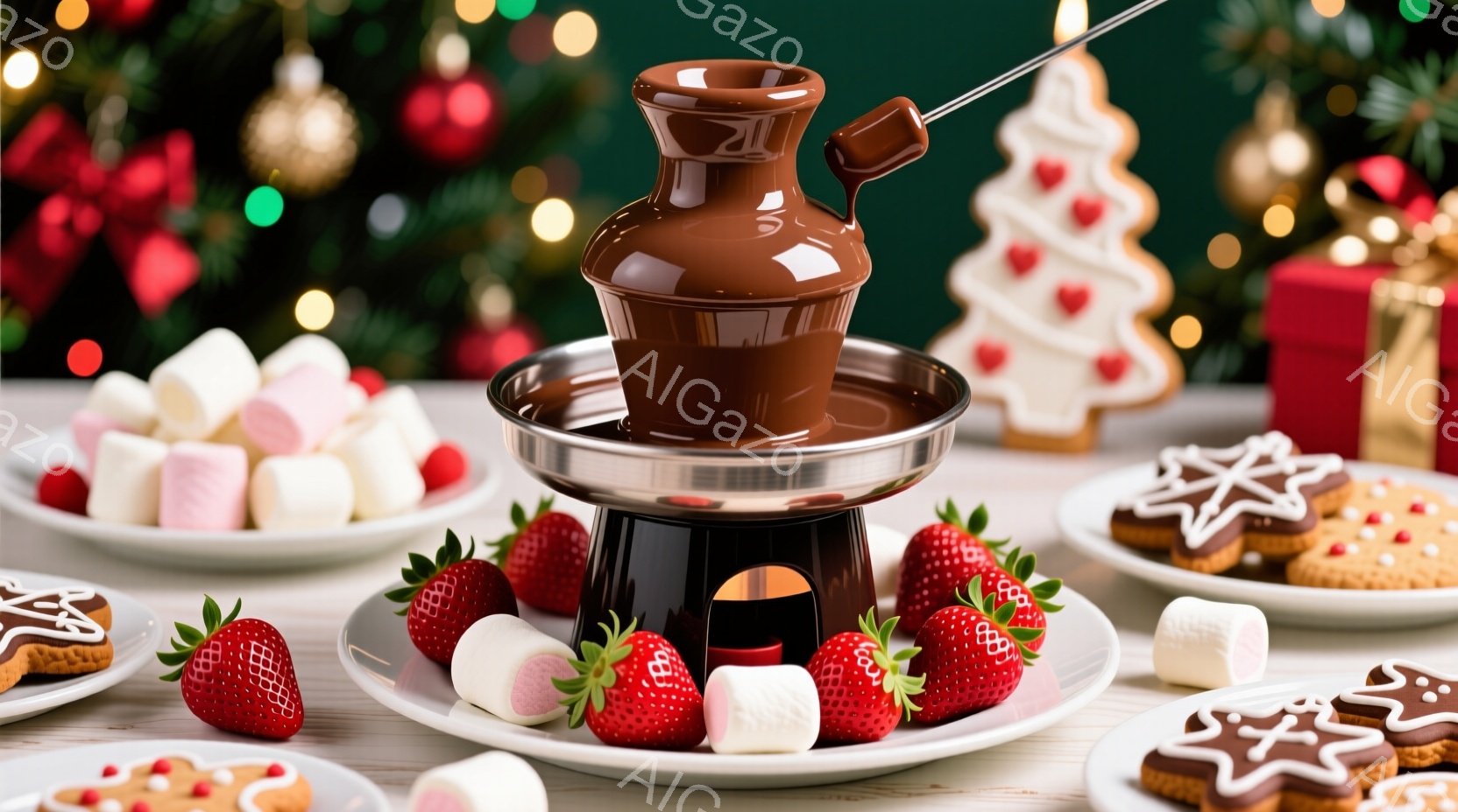 チョコレートファウンテンが中央に配置され、イチゴやマシュマロが周囲を彩っています。クリスマスの飾り付けが背景に見られ、暖かくお祝いムードに満ちています。クッキーやその他のデザートも配置されており、甘くて幸せな雰囲気を醸し出しています。