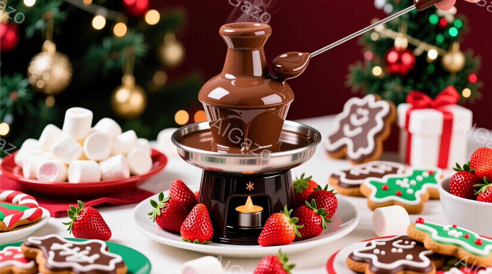 クリスマスをテーマにしたテーブルの風景です。チョコレートファウンテンを中心に、マシュマロ、イチゴ、クリスマスツリーの形をしたクッキーが彩りを添えています。背景にはぼやけたクリスマスツリーの飾りがあり、お祝いの雰囲気を醸し出しています。