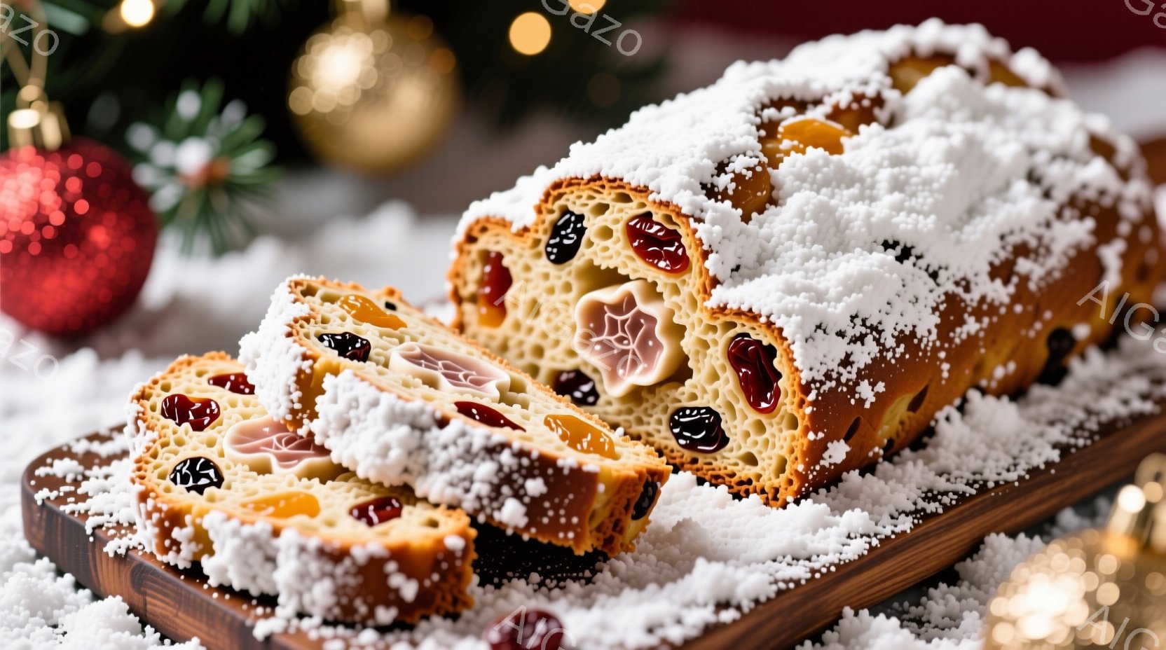 クリスマスケーキが木の板の上でスライスされ、粉砂糖で覆われています。ケーキの中には赤いベリーやクリームが埋め込まれており、華やかな断面を見せています。背景には、ぼやけたクリスマスオーナメントと雪が散りばめられており、温かくお祝いムードを醸し出しています。