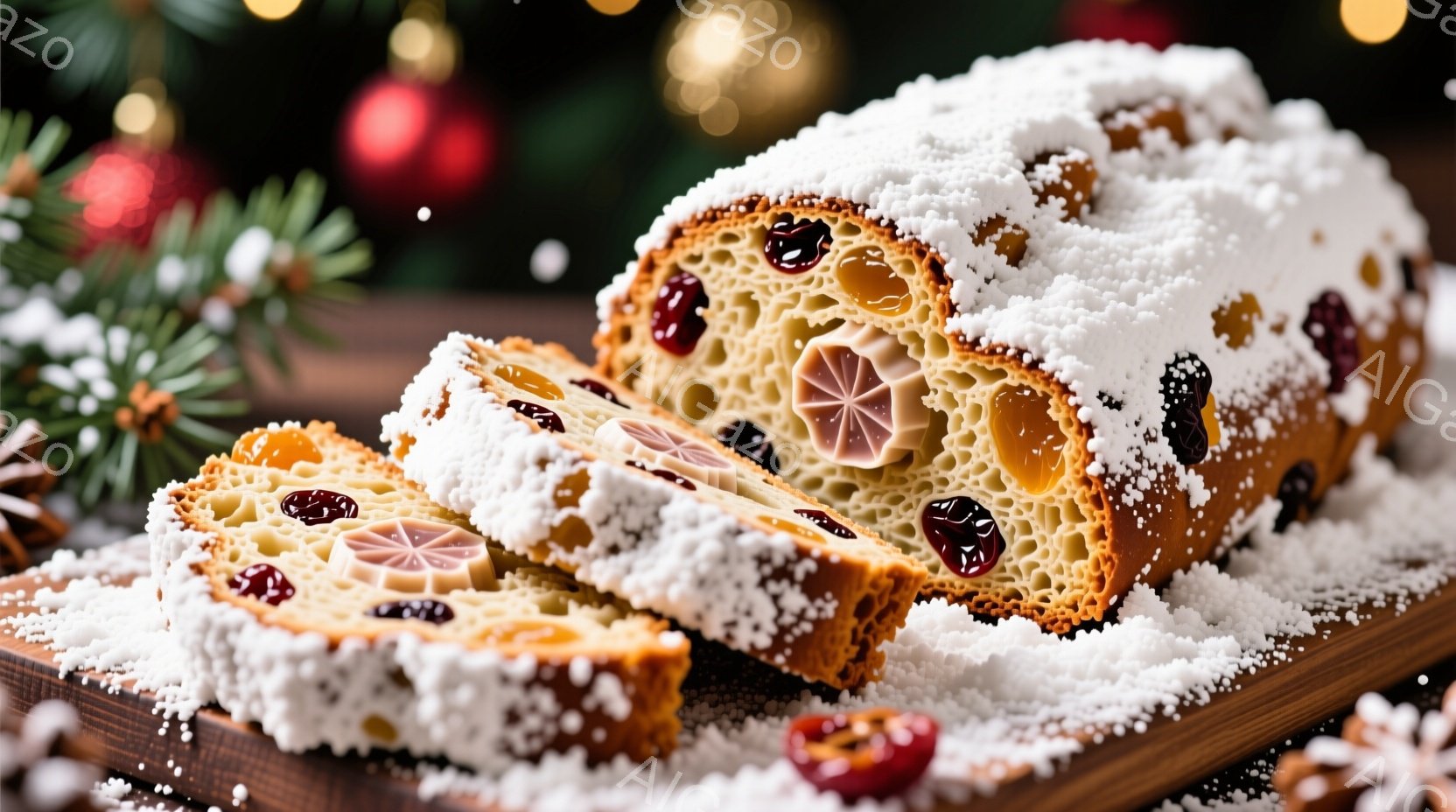 切り株のように見える焼き菓子が、木製の板の上に置かれ、粉砂糖で覆われています。その断面からは、ドライフルーツやナッツが彩り豊かに見え、クリスマスの背景に飾られた赤いオーナメントや緑の葉と調和しています - AI生成フリー素材