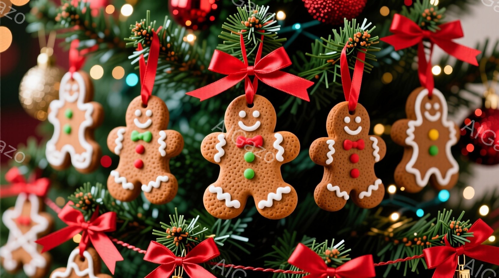 クリスマスツリーの枝に、ジンジャーブレッドマンのクッキーが赤いリボンで吊るされています。クッキーは白いアイシングで装飾され、笑顔で可愛らしい表情をしています。背景には緑色の葉や、ぼんやりとしたカラフルなクリスマスツリーの飾りが見え、温かくお祝いムードが漂っています。