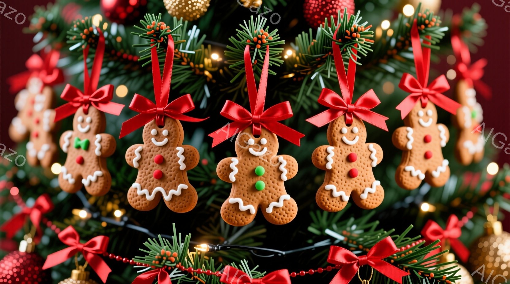 クリスマスツリーの枝に、ジンジャーブレッドマンのオーナメントが飾られています。それぞれ白いアイシングで装飾され、赤いリボンで結ばれており、笑顔が愛らしいです。背景には、緑の葉や赤いボール、キラキラと輝く電飾が散りばめられ、華やかなクリスマスの雰囲気を醸し出しています。