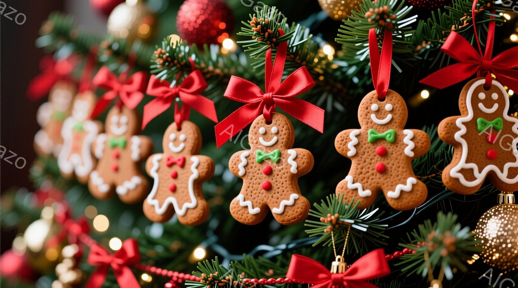 クリスマスツリーの枝に、アイシングで飾られたジンジャーブレッドマンが連なっています。それぞれ赤いリボンで結ばれ、異なる色のアイシングで服飾が施され、楽しそうな表情をしています。背景には緑の針葉樹の葉と、ぼやけたクリスマスオーナメントが見え、暖かく、お祝いの雰囲気が漂っています。