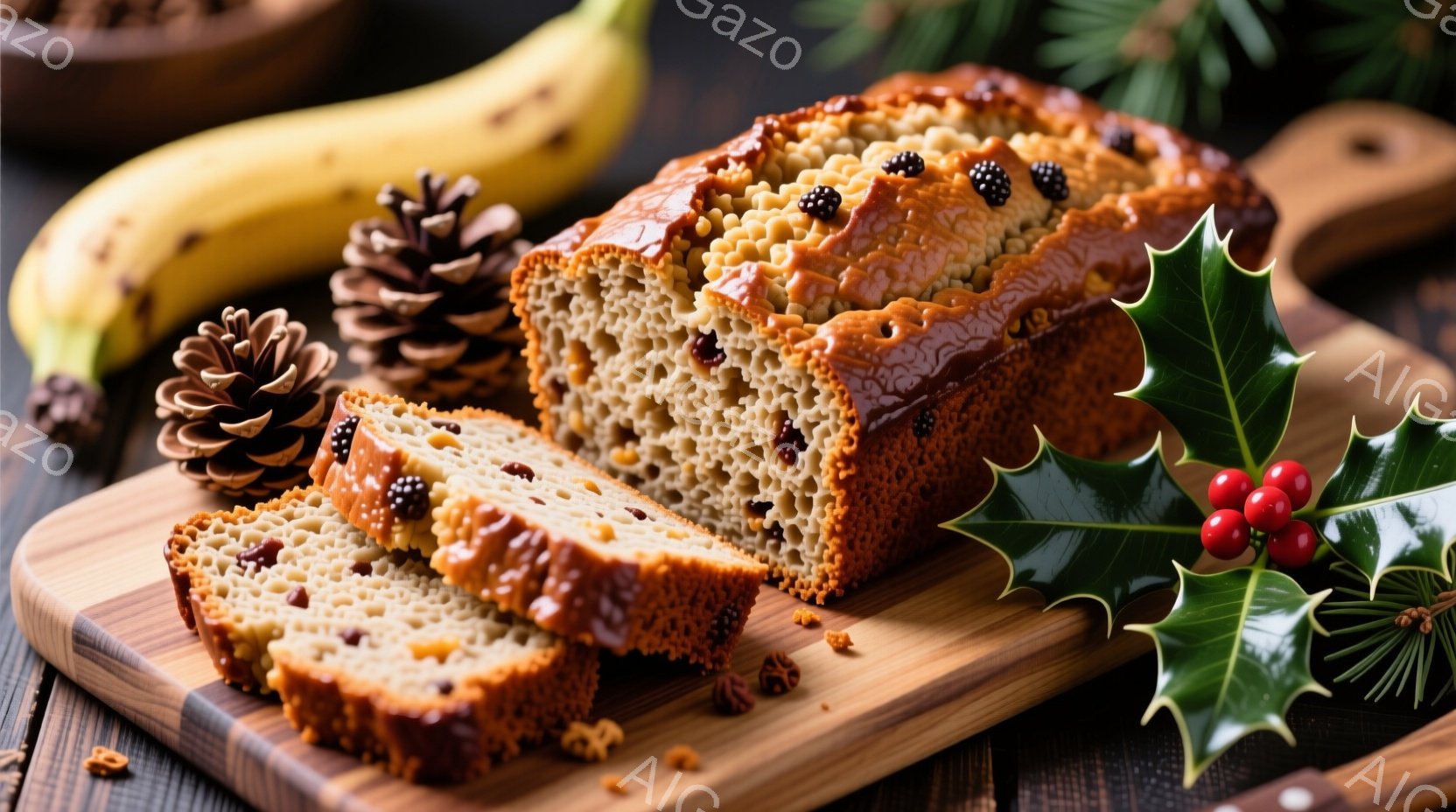 焼き色が美しいレーズンパンが木製のボードにスライスされて置かれています。パンの周りには松ぼっくりやホーリーの葉が飾られ、クリスマスの雰囲気を醸し出しています。背景は暗い木目で、全体的に暖かく、落ち着いた印象を与えます。