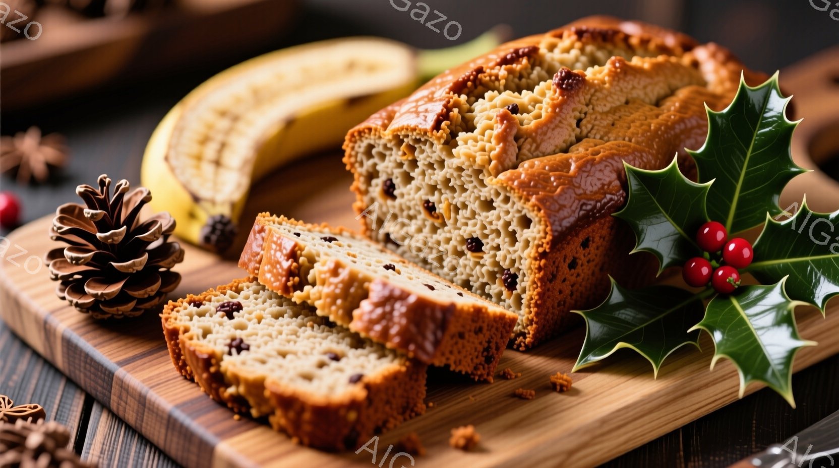 焼き上がったナッツとレーズンが入ったパウンドケーキが、木製の板にカットされて並んでいます。背景には、クリスマスツリーの飾りである松ぼっくりや赤い実の付いたヒイラギが見え、冬の暖かくお祝いの雰囲気を醸し出しています。ケーキの茶色い焼き色と木製の板の質感が、素朴で温かい印象を与えます。