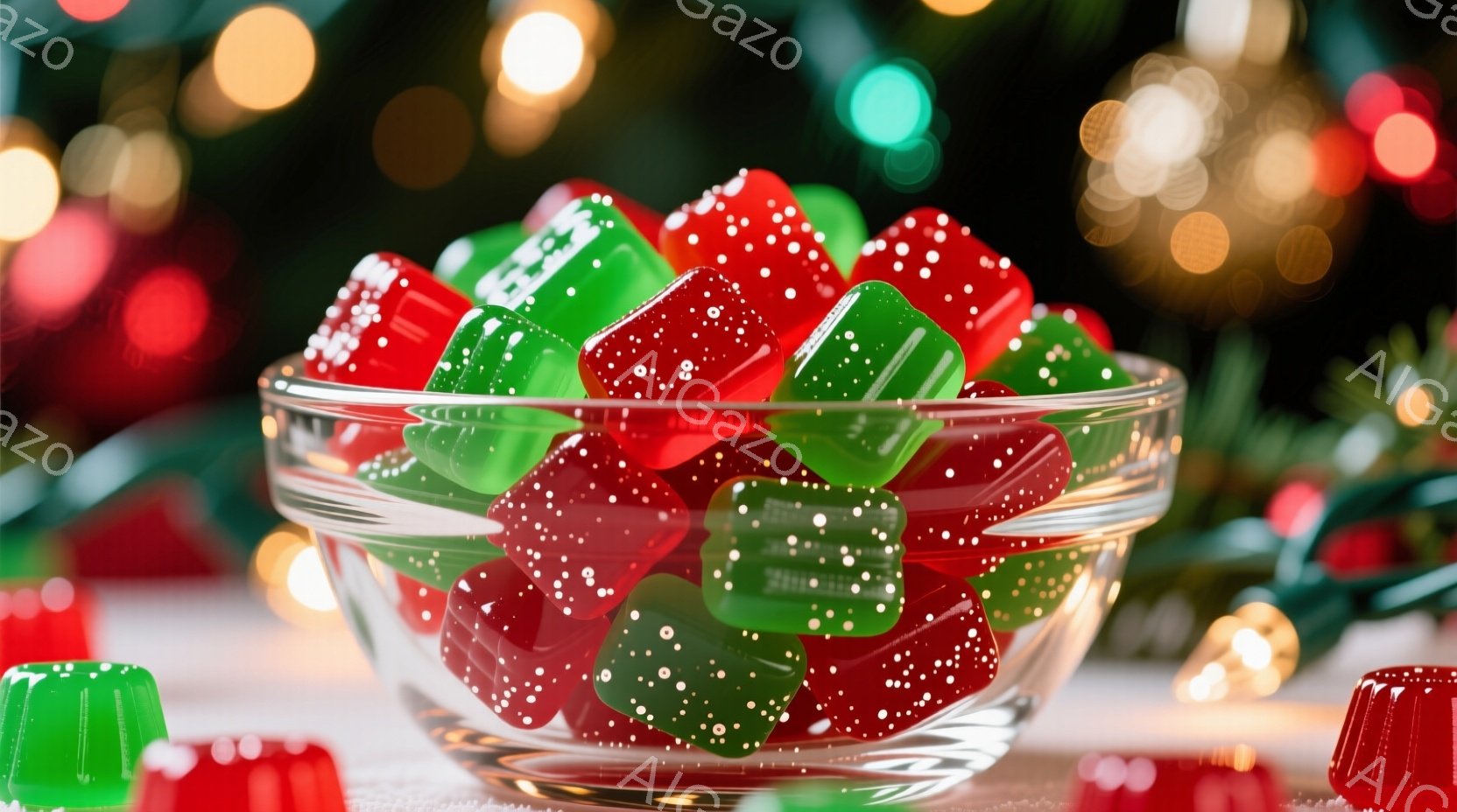 透明なガラスの器に、赤と緑のキューブ状のゼリーがたっぷり入っている。背景はぼやけたクリスマスツリーのライトで、お祝いの雰囲気を醸し出している。ゼリーは細かな粒状の装飾が施され、光を受けてキラキラと輝いている。