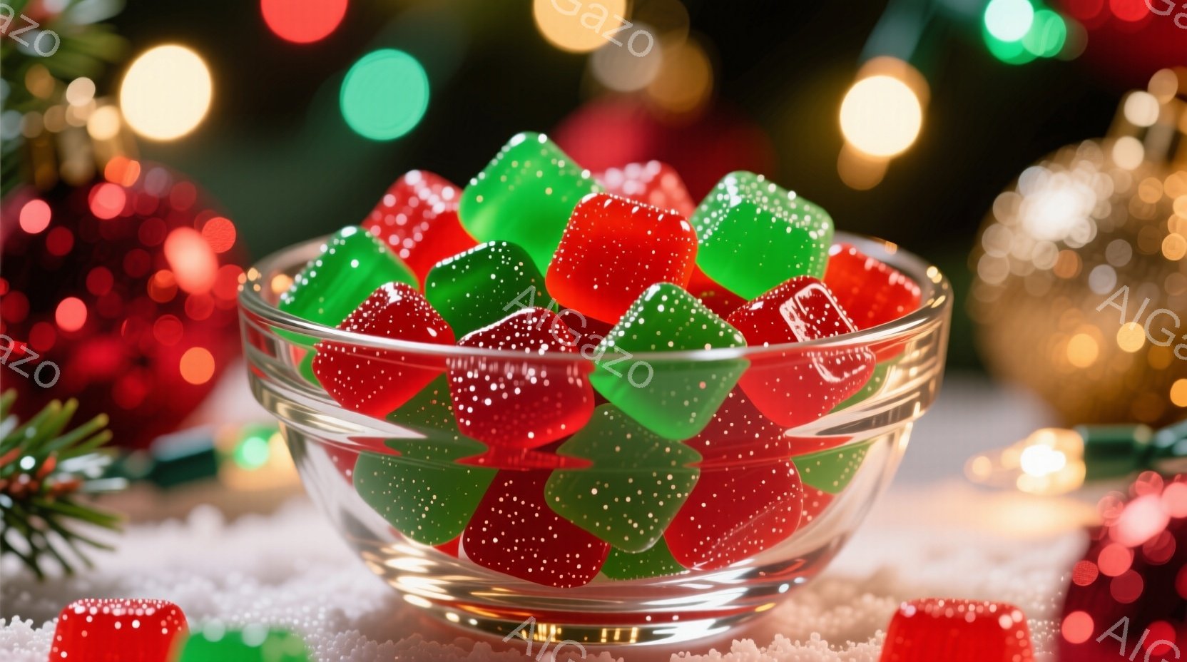 透明なボウルに、赤と緑の砂糖をまぶしたゼリーのようなキャンディーが山のように積まれています。背景にはぼやけたクリスマスツリーのライトが輝き、白い雪のようなものがボウルの下に敷かれています。全体的に、暖かく、お祝いの雰囲気が漂う、クリスマスの季節を象徴する一枚です。