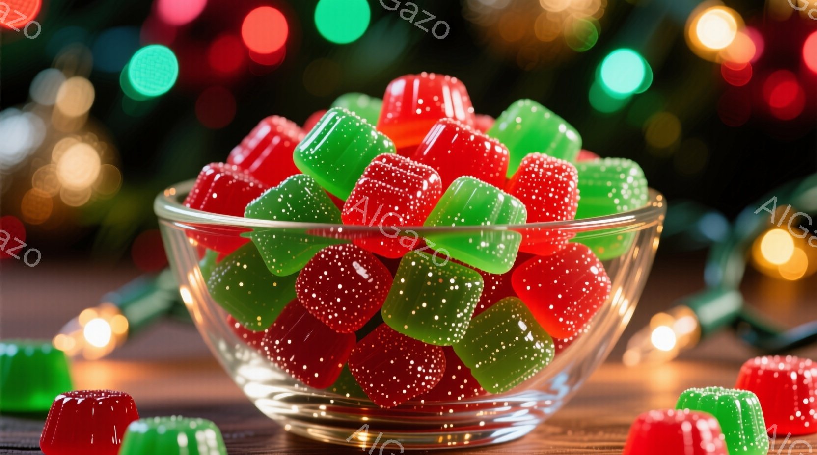 透明なガラスの器に、赤と緑の小さなゼリーが山積みになっている。背景には、ぼやけたカラフルなライトが点在し、木製のテーブルの上に置かれている様子がわかる。全体的に明るく、お祝いのような雰囲気が漂っている。