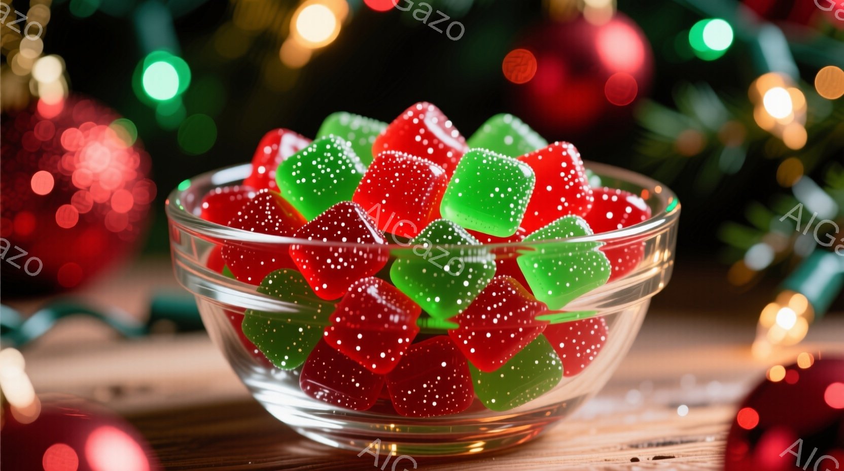 透明なガラスのボウルに、赤い宝石のようなグミと緑色のグミが山積みにされています。背景には、ぼやけたクリスマスツリーのライトと装飾が暖かく、ホリデーシーズンを予感させます。全体的に、甘くて楽しい、お祝いの雰囲気が漂っています。