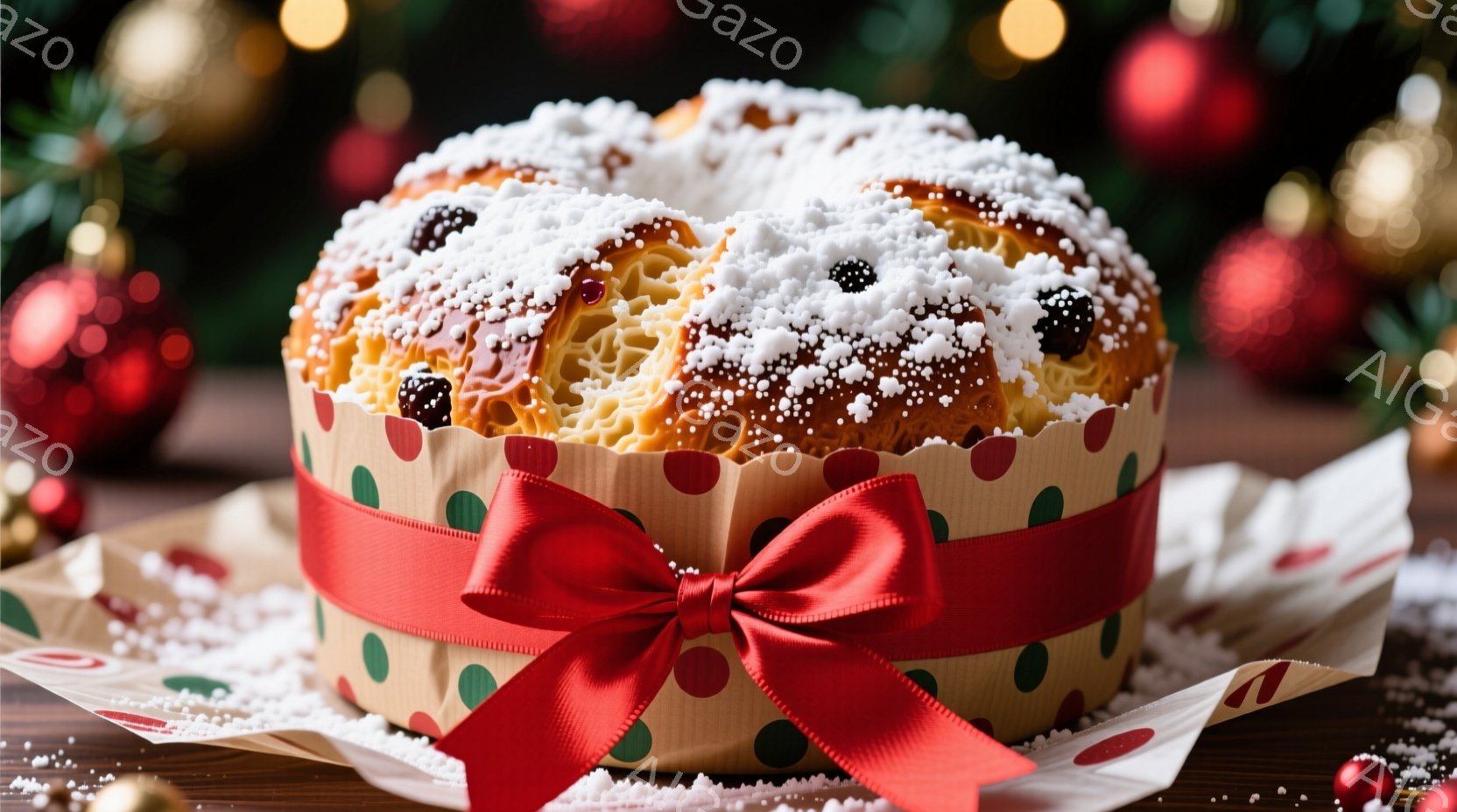 パネトーネが、白い粉砂糖と数個のベリーで飾られて、ギフトペーパーと赤いリボンで包まれています。背景には、ぼやけたクリスマスツリーの飾りとオーナメントが見え、冬のホリデーシーズンの暖かく、お祝いの雰囲気を醸し出しています。全体的に、美味しそうなデザートが中心に置かれ、特別な日の喜びを表しています。