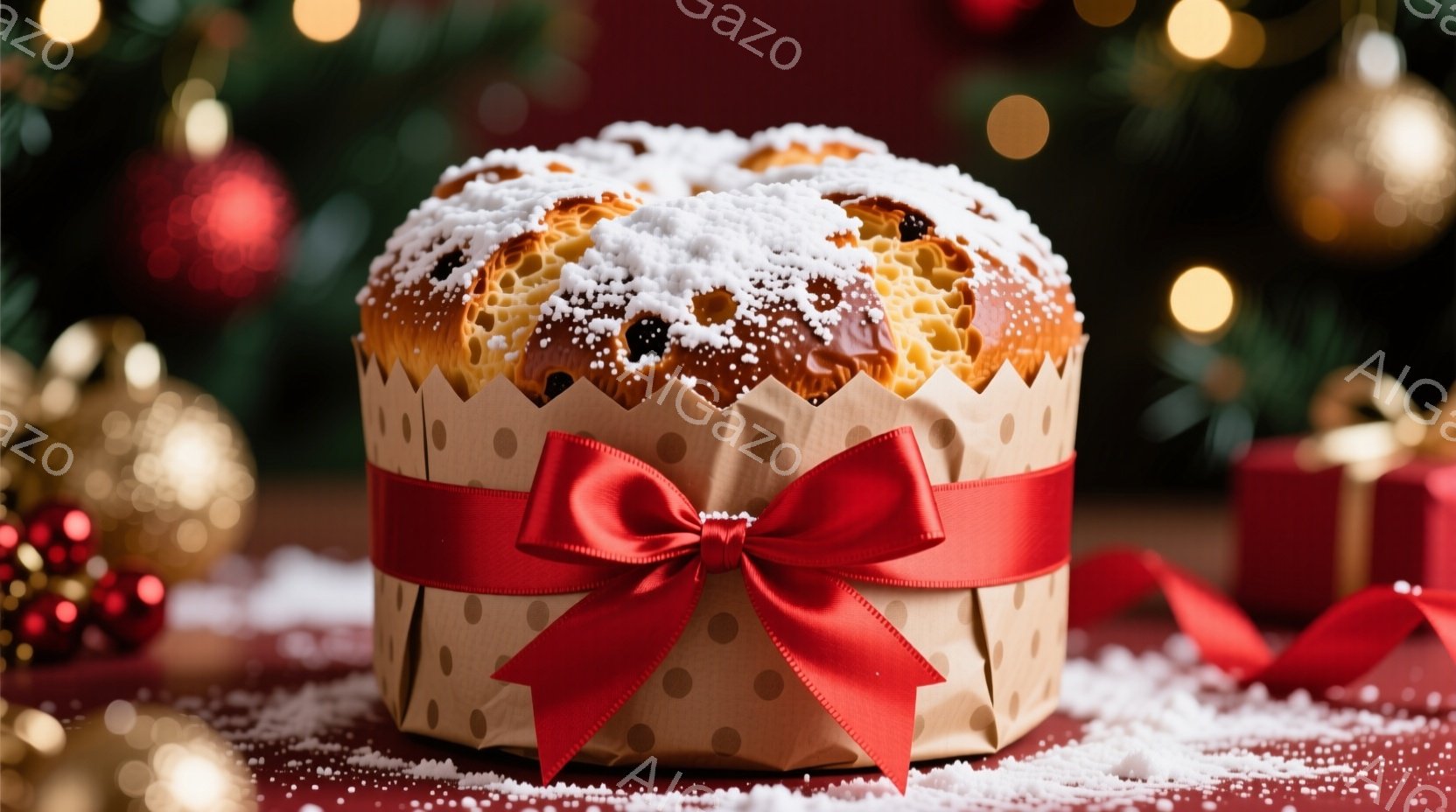 クリスマスを祝う大きなパネトーネが、茶色のドット模様のリボンで飾られて中央に置かれています。パネトーネ全体に粉砂糖が降り積もり、赤い背景とぼやけたクリスマスオーナメントが暖かくお祝いの雰囲気を醸し出しています。背景には、ぼんやりとした金色の光が散りばめられ、まるで冬の魔法のような空間を作り出しています。