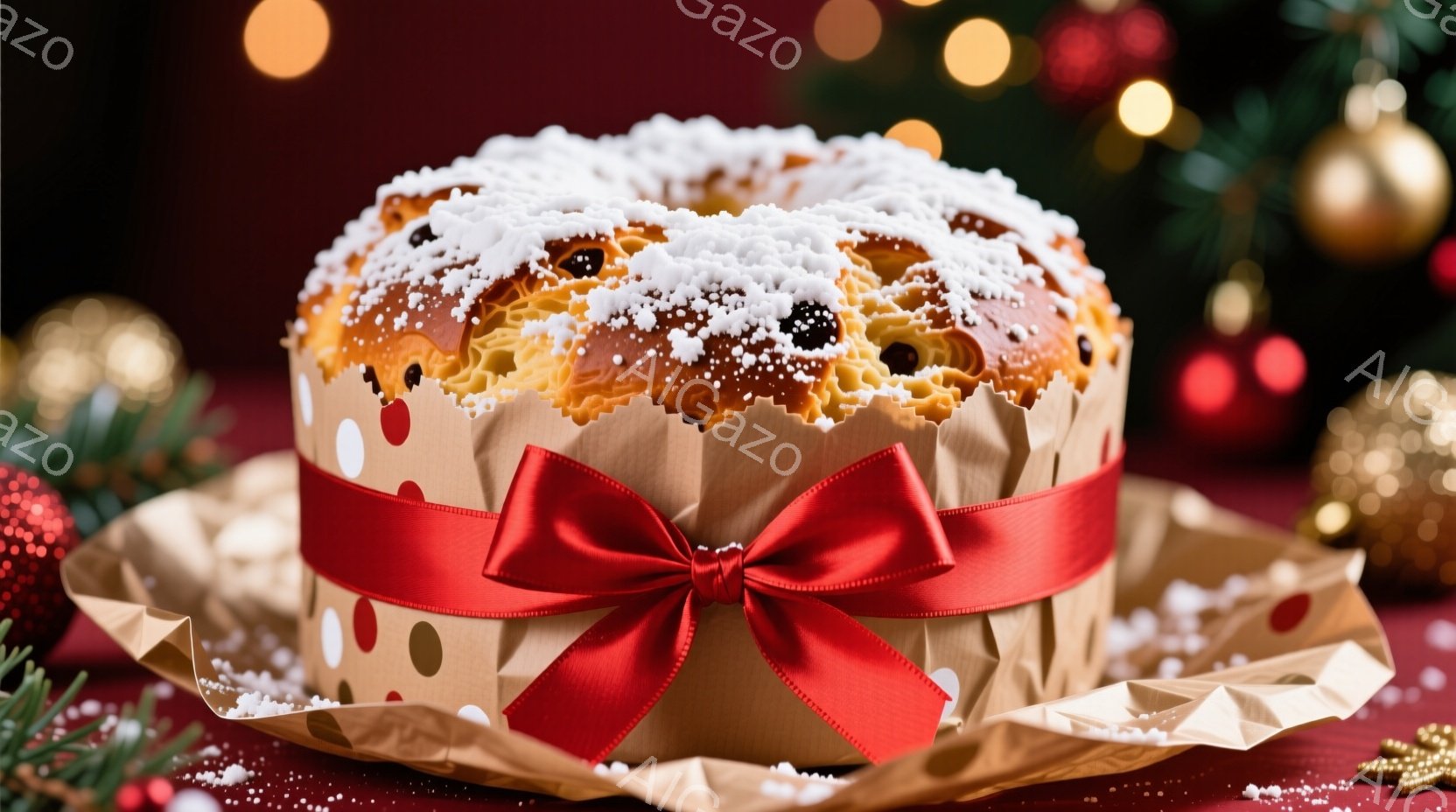 粉砂糖で覆われた、リボンで飾られた丸いクリスマスケーキを描いています。ケーキは茶色の包装紙に包まれ、周囲には小さな雪片が舞い、背景はぼかした赤色とキラキラ光るぼかしでクリスマスらしい雰囲気を醸し出して - AI生成フリー素材