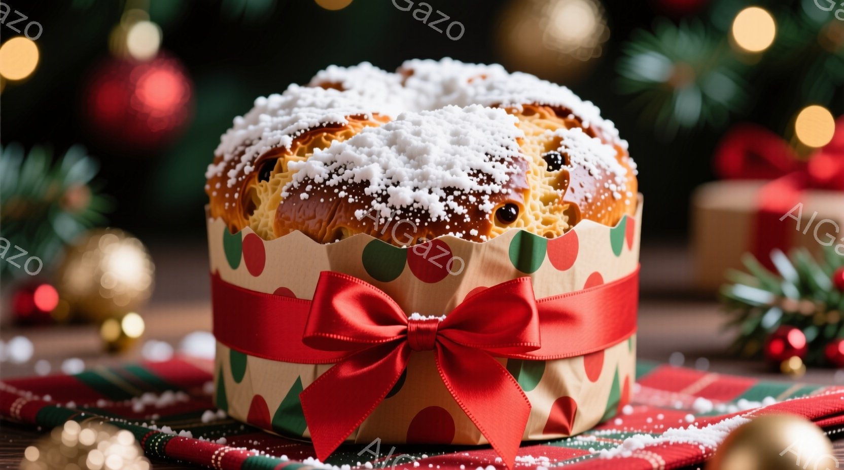 焼き菓子がテーブルの上に置かれており、表面には粉砂糖がたっぷりとかかっています。茶色の包装紙と赤いリボンで飾られており、背景には緑色の植物とぼやけたクリスマスオーナメントが見えます。暖かく、お祝いの雰囲気を醸し出しており、ホリデーシーズンの食卓を彩る様子が伺えます。