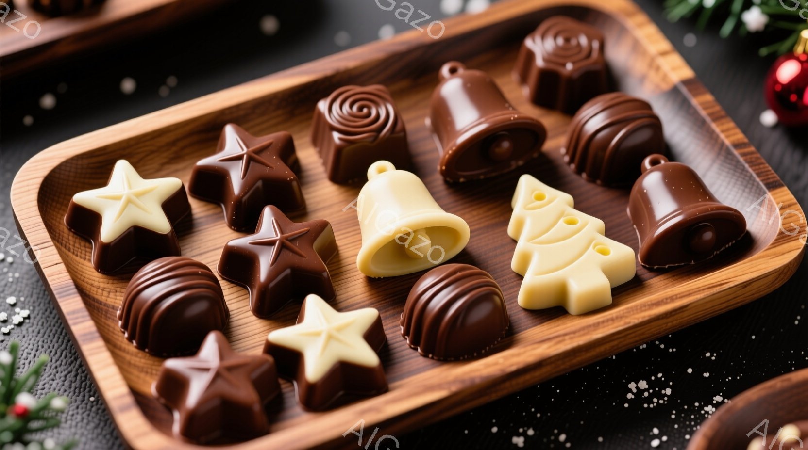 チョコレートの盛り合わせが、木製のトレイの上に美しく並んでいます。星型、ベル型、クリスマスツリー型、円筒形など様々な形があり、茶色と白のコントラストが目を引きます。背景は暗く、散りばめられた輝きが、ホ - AI生成フリー素材