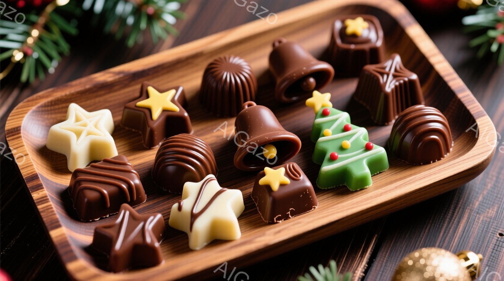 様々な形のチョコレートが木製のプレートに並べられています。星形、ベル形、クリスマスツリー形など、カラフルで繊細なデザインが施されており、チョコレートの上には金色の装飾が施されているものもあります。背景は暗い木目で、全体的に温かく、お祝いムードを感じさせる雰囲気です。
