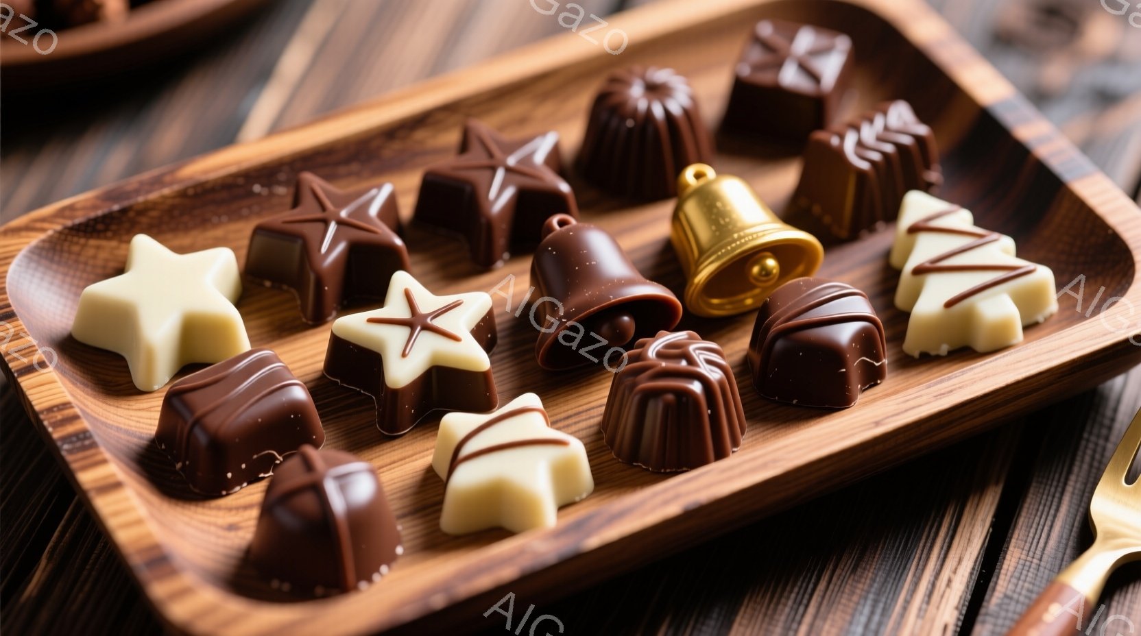 チョコレートが木製の皿の上に並べられています。様々な形、例えば星、ベル、正方形などがあり、茶色と白の色合いが楽しめます。背景は木目調で、お菓子が引き立つような暖かく落ち着いた雰囲気です。