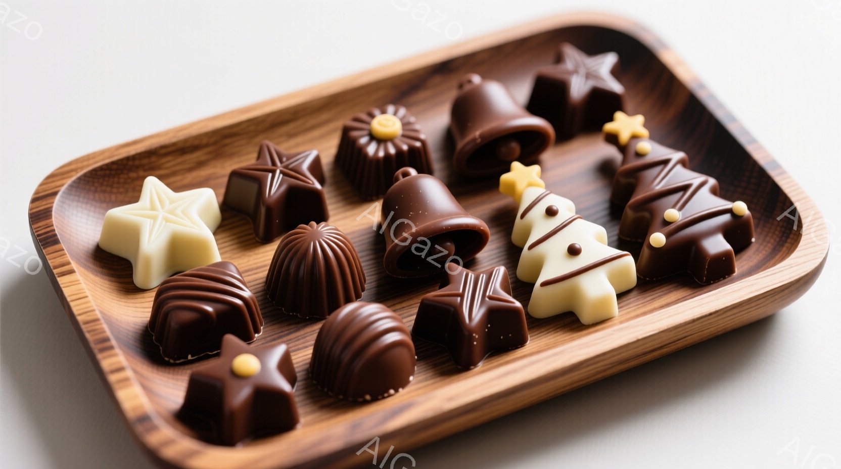 チョコレートの詰め合わせが、木製のプレートに並べられています。星形、ベル形、クリスマスツリー形のチョコレートが、茶色と白のコントラストで美しく、繊細なデザインが施されています。背景は白く、チョコレートの色彩と形が際立っており、上品で優雅な雰囲気を醸し出しています。