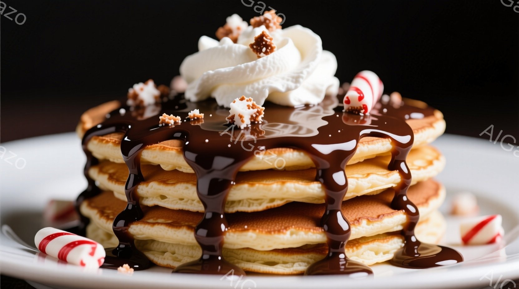 白い皿に積み上げられたパンケーキが印象的で、濃厚なチョコレートソースがたっぷりとかかっています。パンケーキの上には、ホイップクリームと砕いたキャンディケーンが飾られ、可愛らしい印象を与えています。背景は暗く、パンケーキの甘くて華やかな雰囲気が際立っています。