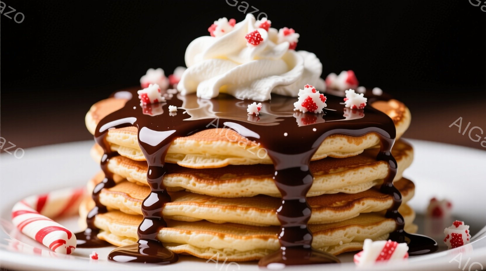 軽食として最適な、チョコレートソースとホイップクリームがトッピングされたパンケーキの山が写っています。キャンディケーンが添えられ、白い皿の上に積み重ねられたパンケーキは、美味しそうに光沢を放っています。全体的に、暖かく、甘い、そして食欲をそそる雰囲気です。